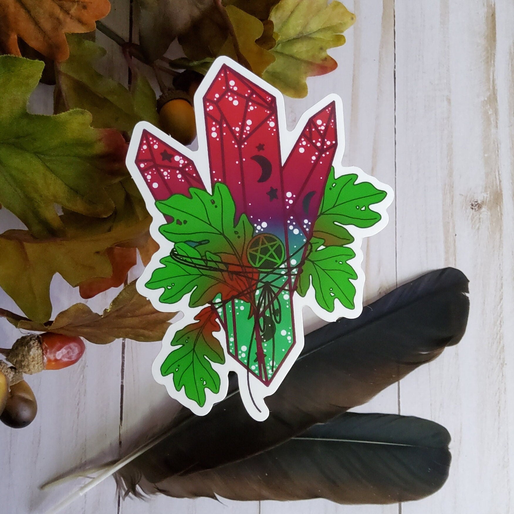 GLOSSY STICKER: Emerald and Burgundy Wicca Crystal , Wicca Crystal Sticker , Crystal Sticker , Witchy Vibe Stickers , Crystal Stickers , Oak