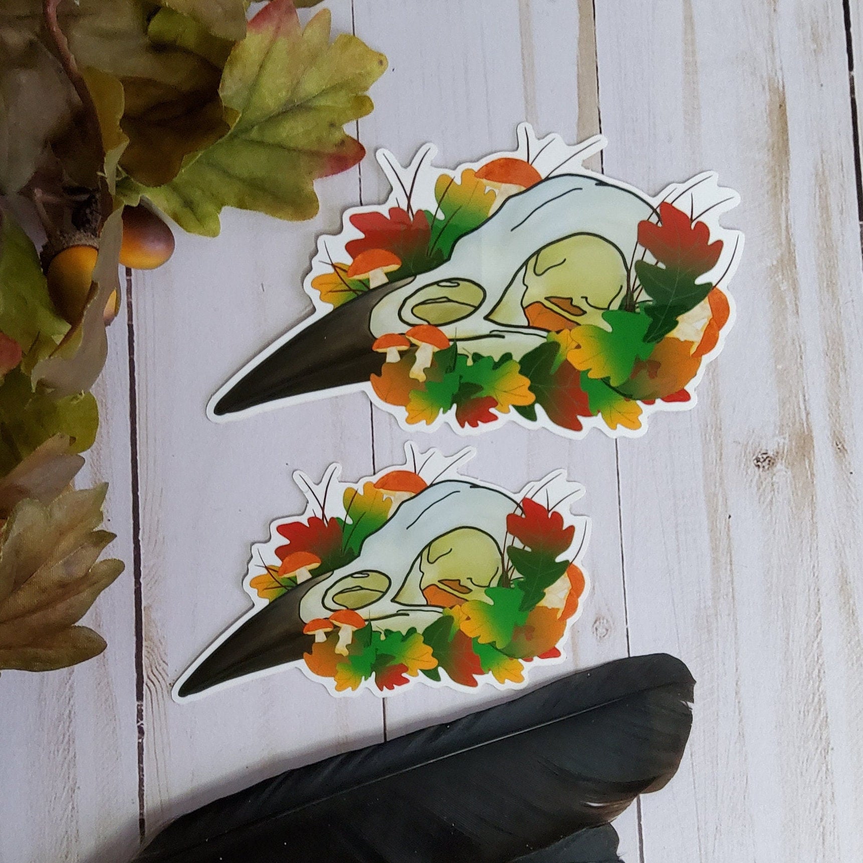 GLOSSY STICKER: Crow Skull and Leaves Sticker , Crow Skull Sticker , Mushroom Skull Sticker , Crow Skull and Leaves , Crow and Mushroom