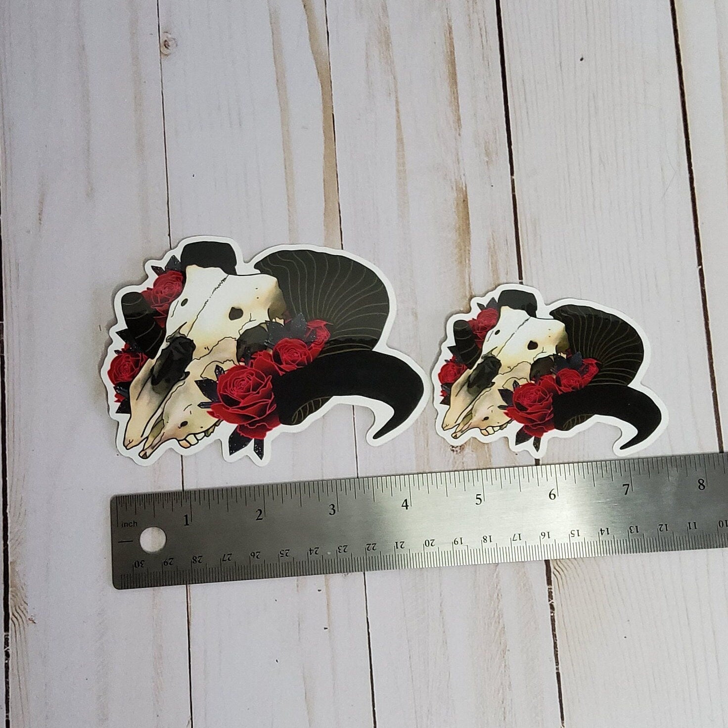 GLOSSY STICKER: Ram Skull and Roses Sticker , Ram Skull Sticker ,Tattoo Style Skull and Roses Sticker , Skull Stickers , Roses Stickers