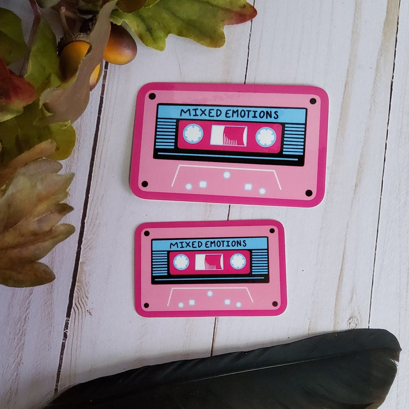 GLOSSY STICKER: Mixed Emotions Cassette Tape Sticker , Cassette Sticker , Mix Tape , Mix Tape Stickers , 80s Stickers , 80s Vibe Sticker Acornandcrowstudio