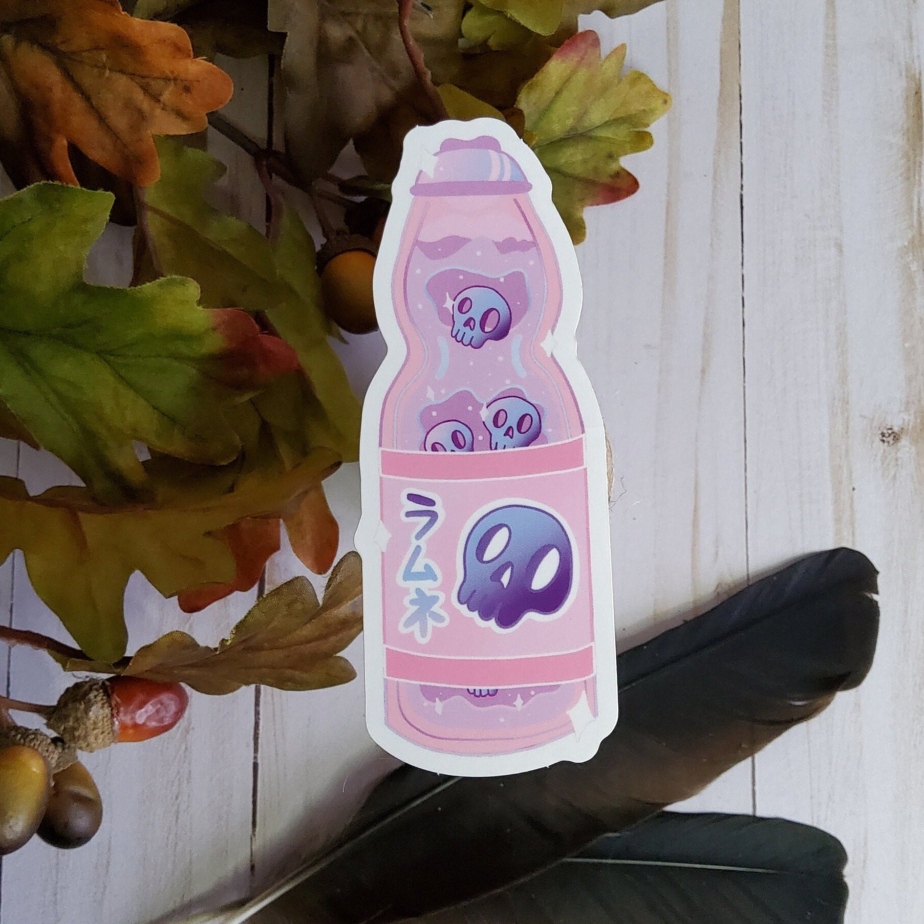 GLOSSY STICKER: Pastel Pink Glass Bottle Drink Skull Sticker , Skull Drink Sticker , Skull Pink Sticker , Pink Drink Sticker , Glass Bottle