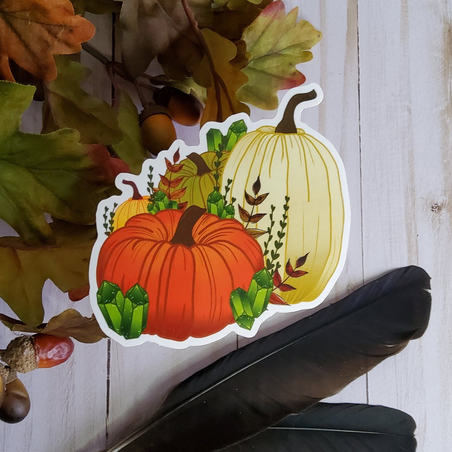 GLOSSY STICKER: Pumpkin and Green Crystals Autumn , Autumn Pumpkin Sticker , Fall Pumpkin Sticker , Pumpkin Sticker , Fall Sticker , Autumn Acornandcrowstudio