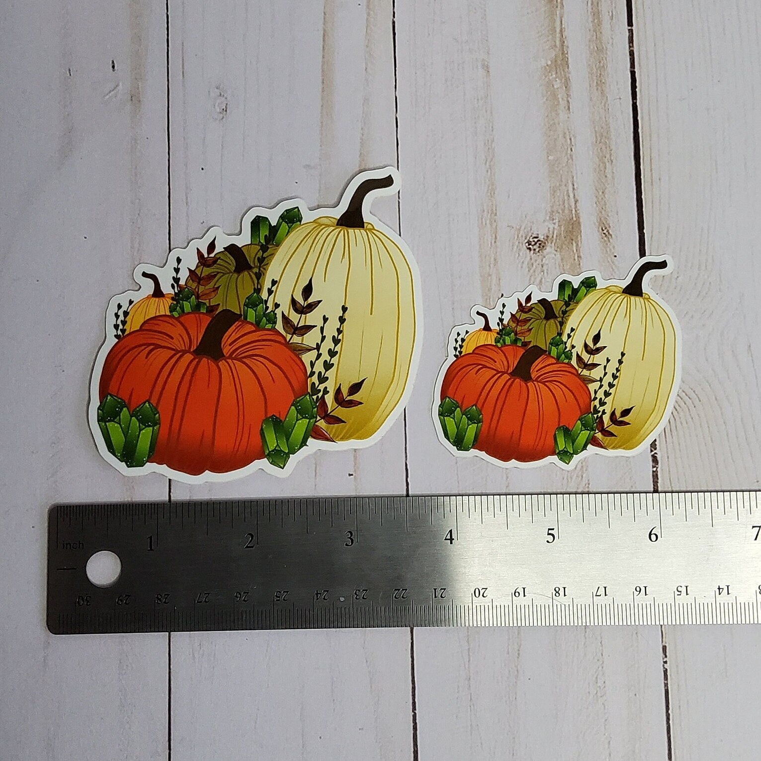 GLOSSY STICKER: Pumpkin and Green Crystals Autumn , Autumn Pumpkin Sticker , Fall Pumpkin Sticker , Pumpkin Sticker , Fall Sticker , Autumn Acornandcrowstudio