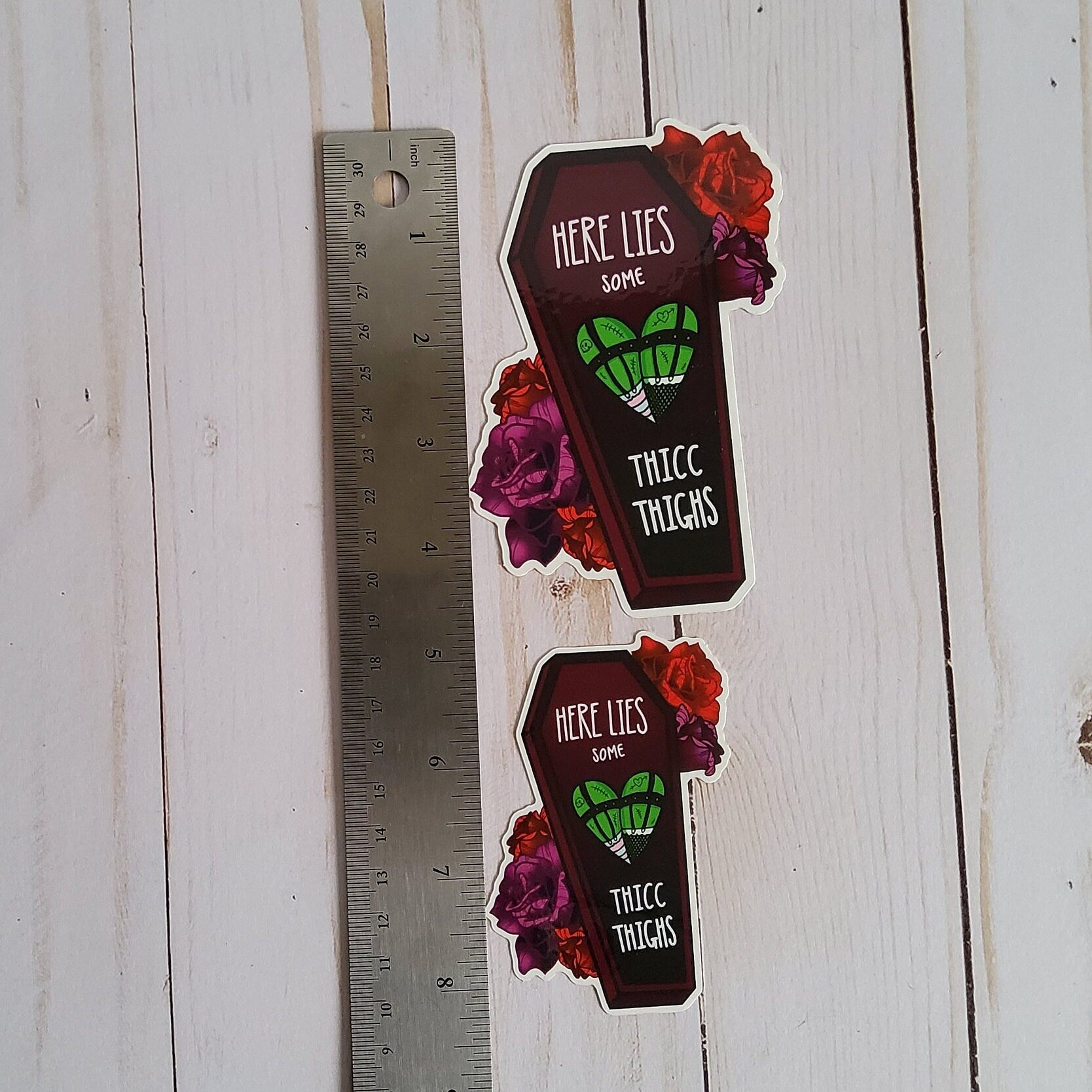 GLOSSY STICKER: Here Lies some Thicc Thighs Die Cut , Monster Girl and Roses Sticker , Coffin and Roses Sticker , Red and Purple Roses