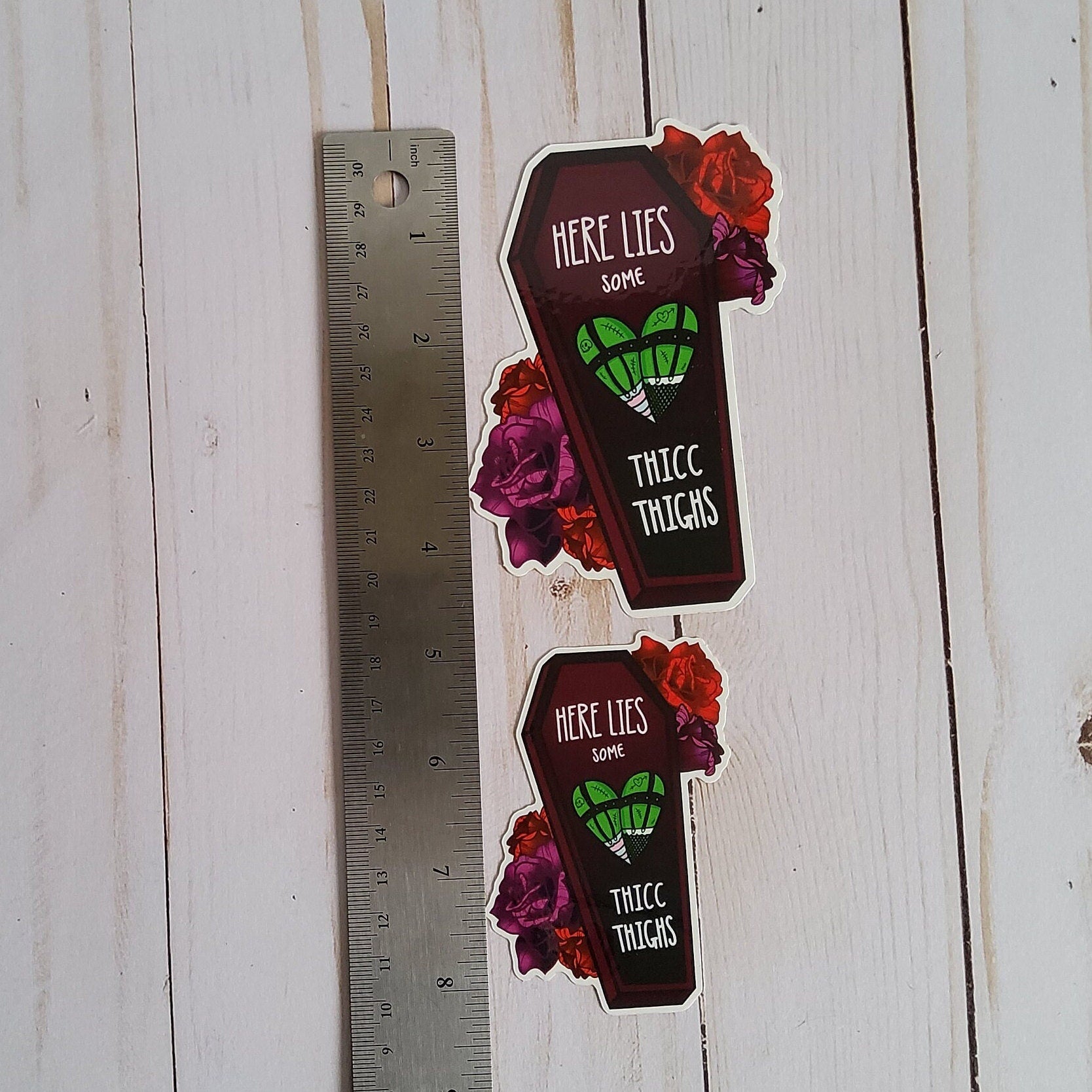 GLOSSY STICKER: Here Lies some Thicc Thighs Die Cut , Monster Girl and Roses Sticker , Coffin and Roses Sticker , Red and Purple Roses Sticker Acornandcrowstudio