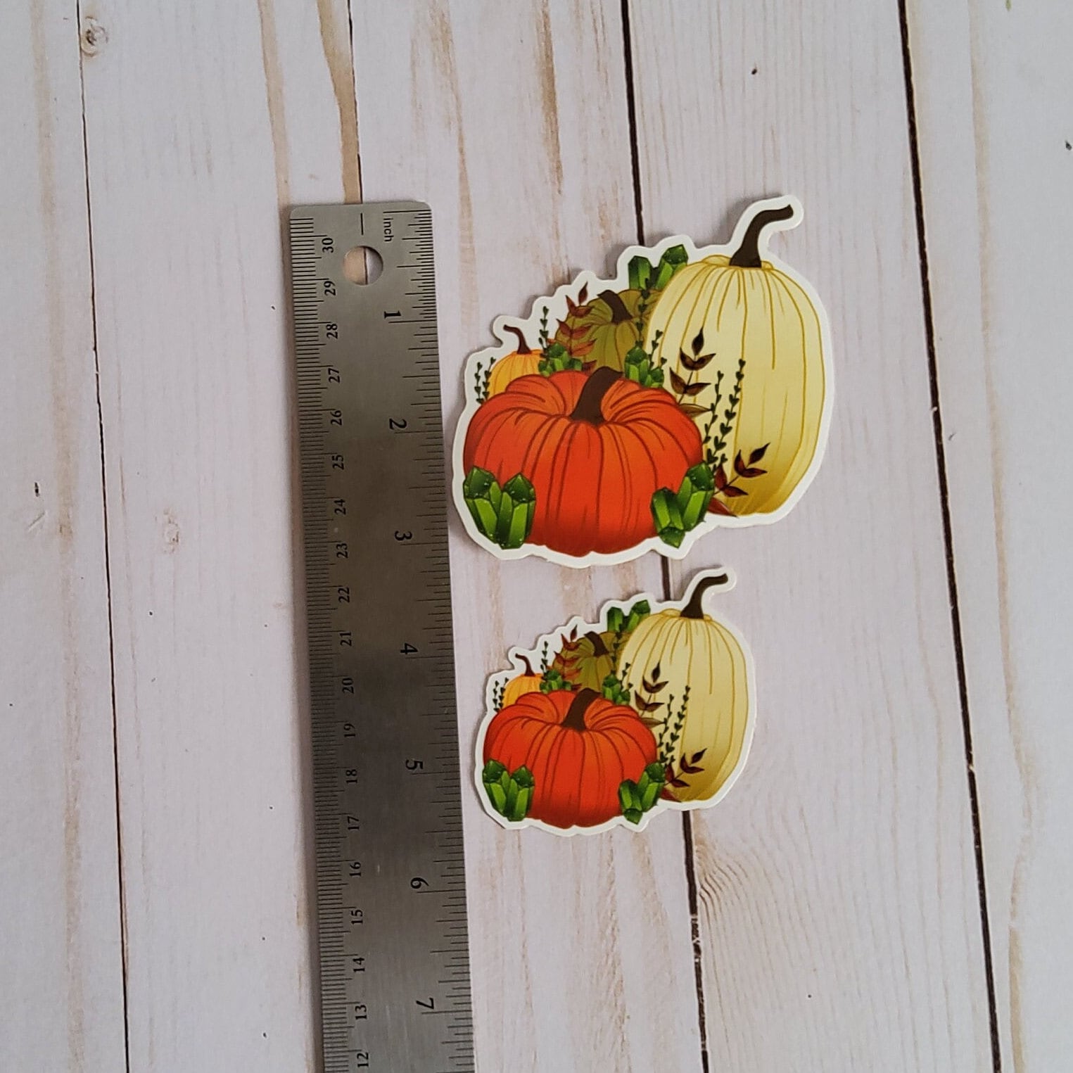 GLOSSY STICKER: Pumpkin and Green Crystals Autumn , Autumn Pumpkin Sticker , Fall Pumpkin Sticker , Pumpkin Sticker , Fall Sticker , Autumn Acornandcrowstudio