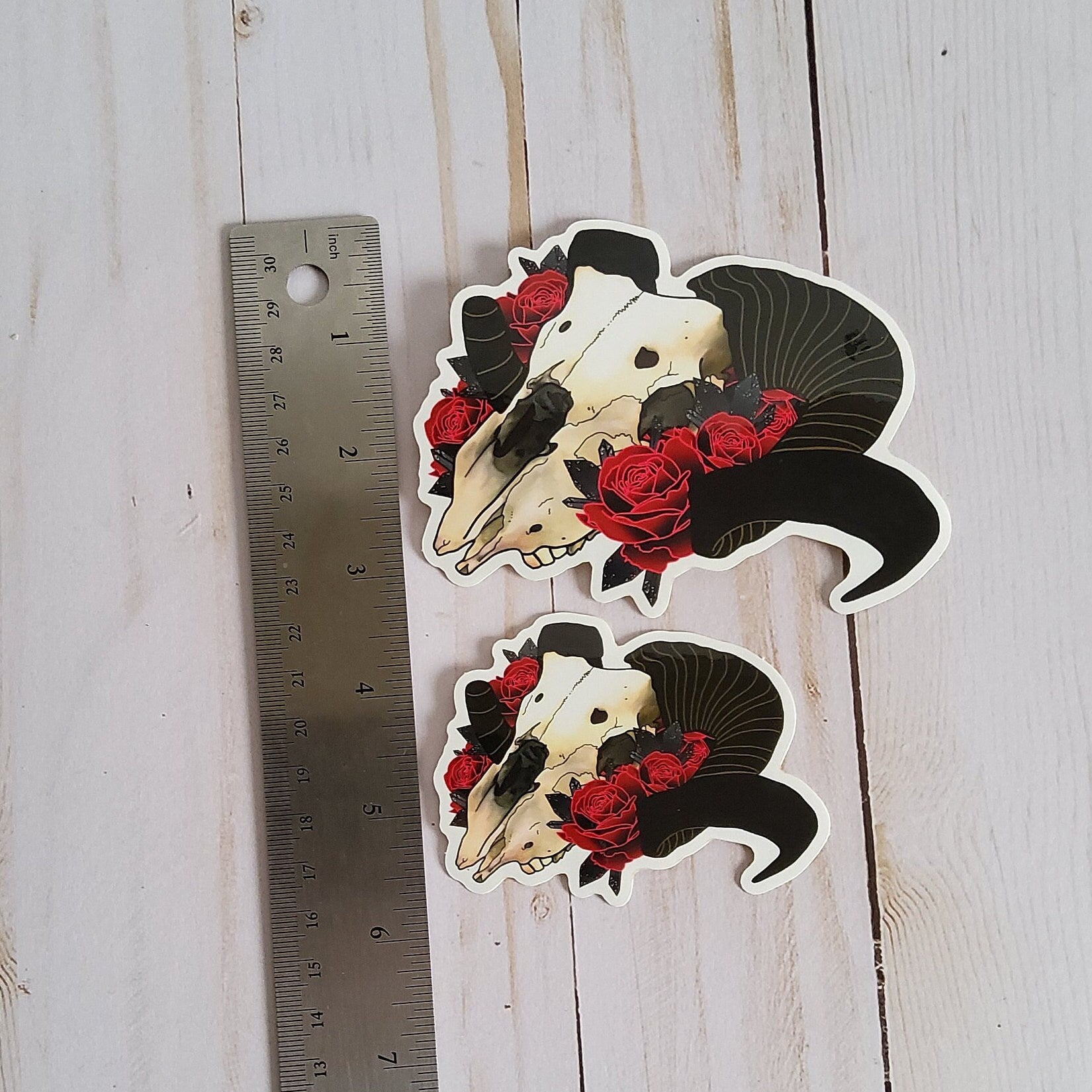 GLOSSY STICKER: Ram Skull and Roses Sticker , Ram Skull Sticker ,Tattoo Style Skull and Roses Sticker , Skull Stickers , Roses Stickers