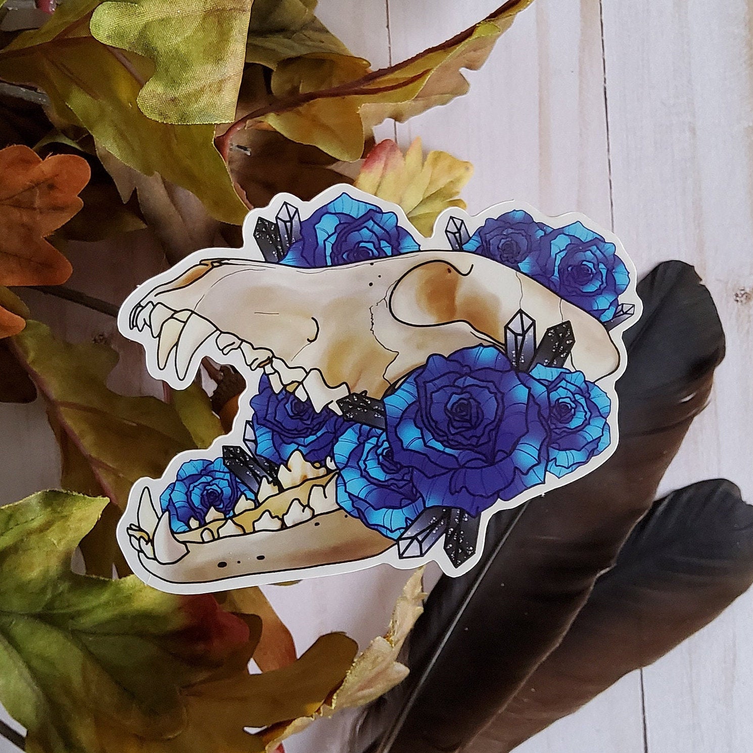 GLOSSY STICKER: Wolf Skull and Blue Roses Vulture Culture Stickers , Wolf Skull and Blue Roses Sticker , Wolf Skull and Roses Sticker