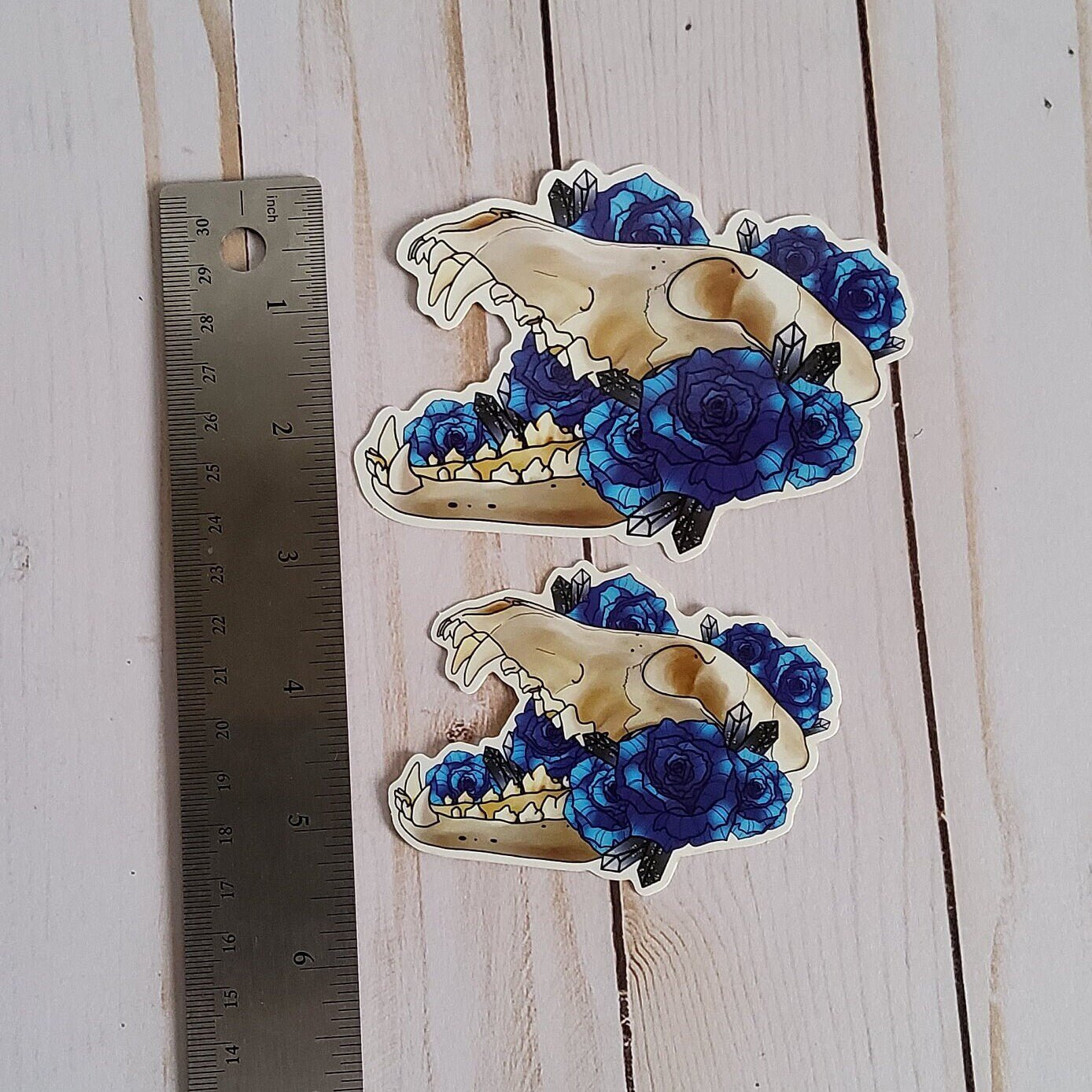 GLOSSY STICKER: Wolf Skull and Blue Roses Vulture Culture Stickers , Wolf Skull and Blue Roses Sticker , Wolf Skull and Roses Sticker
