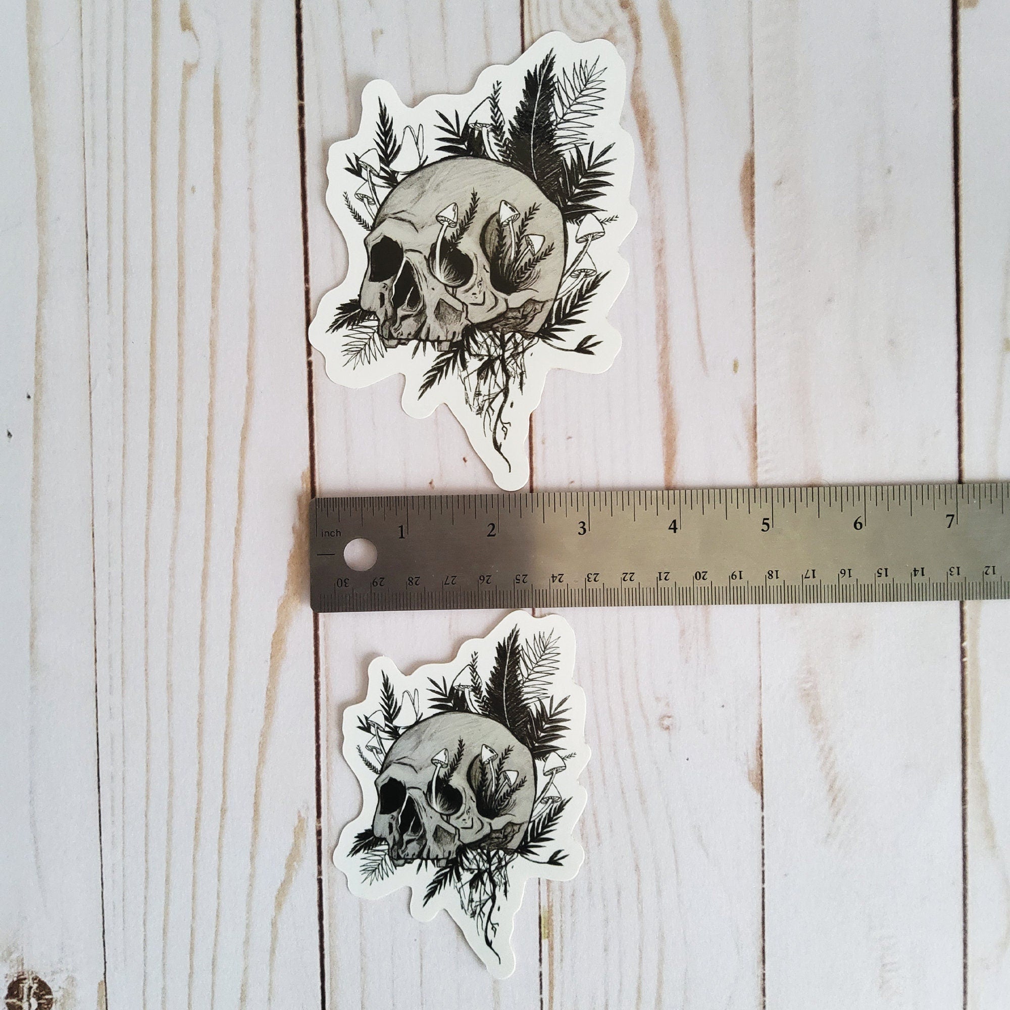 GLOSSY STICKER: Rebirth Skull and Mushroom Black and Grey Sticker , Skull and Ferns Sticker , Dark Aesthetic Skull Sticker , Skull Sticker Acornandcrowstudio