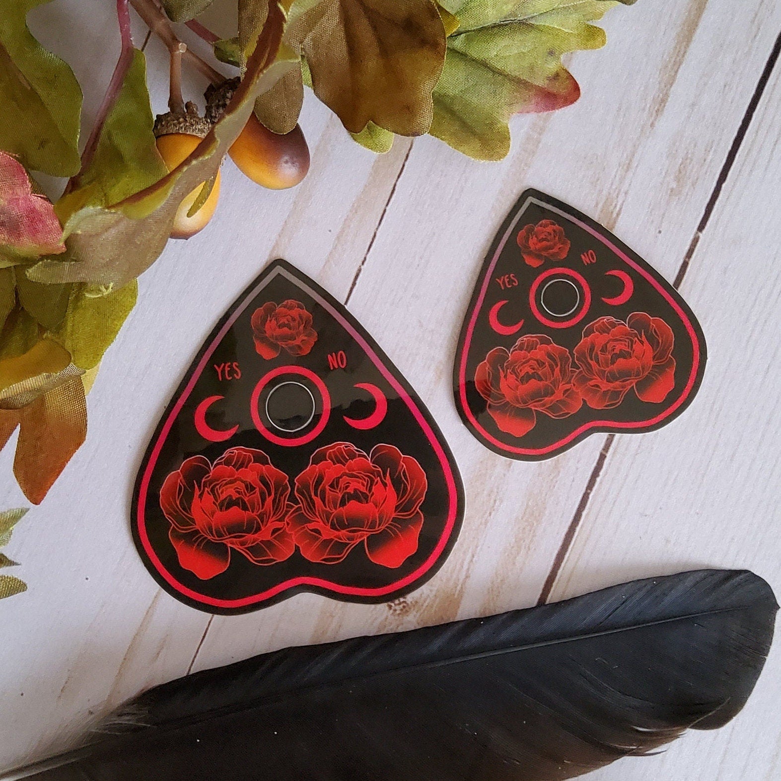GLOSSY STICKER: Black and Red Rose Planchette , Black and Red Rose Planchette Sticker , Red Rose Planchette Sticker , Rose Planchette Sticker Acornandcrowstudio