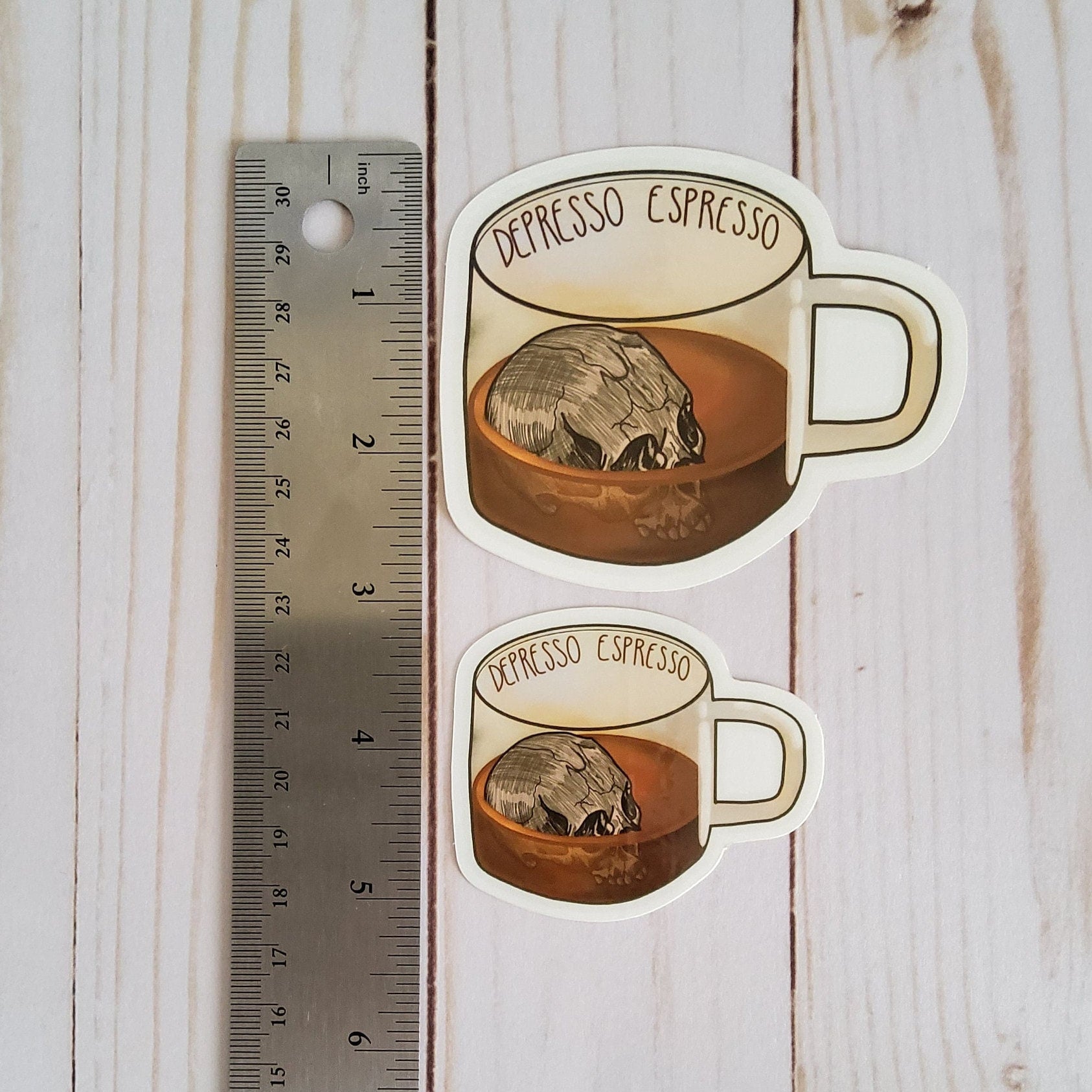 GLOSSY STICKER: Depresso Espresso Skull Coffee Cup Mental Health Sticker , Depresso Espresso Sticker , Coffee Cup Sticker , Skull Coffee