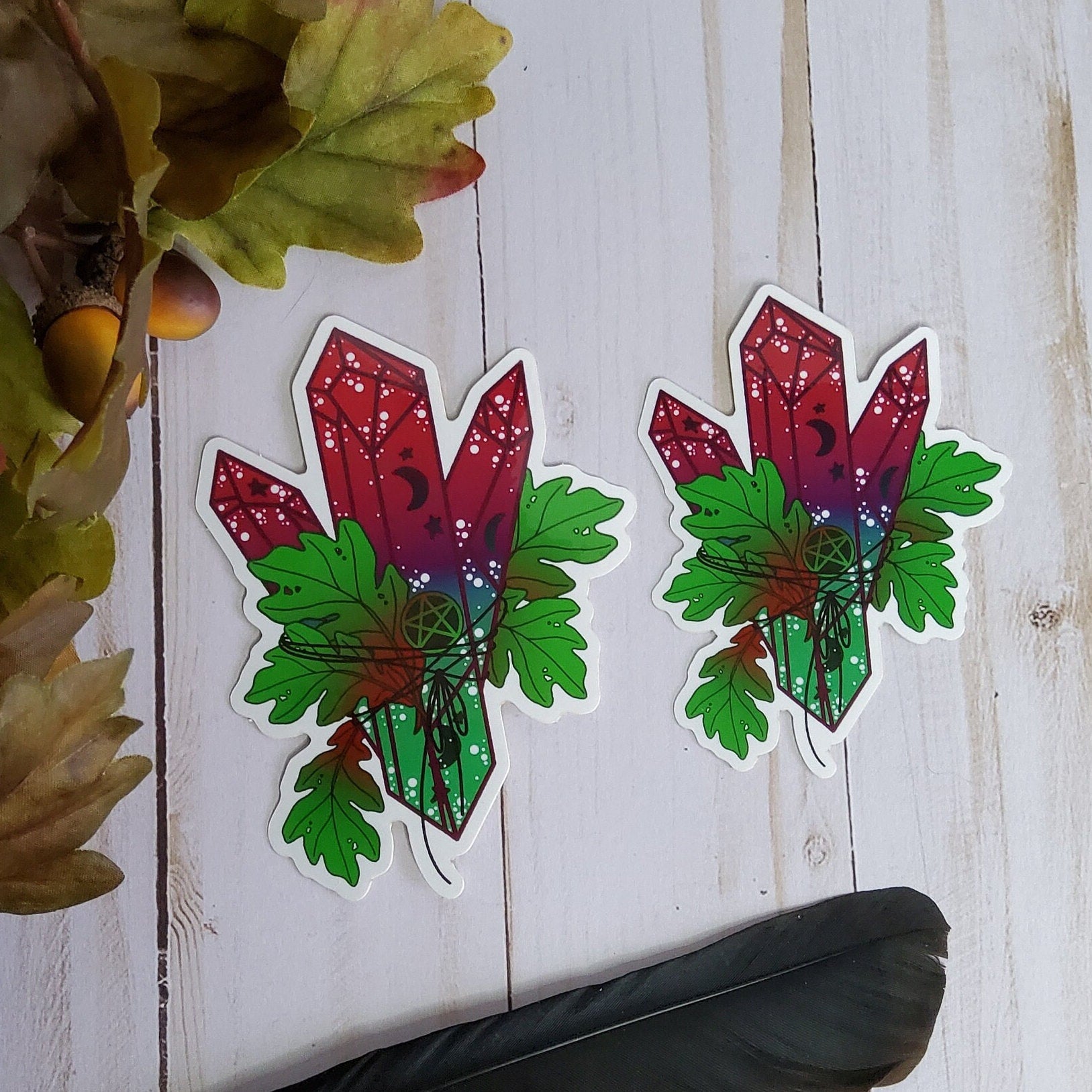 GLOSSY STICKER: Emerald and Burgundy Wicca Crystal , Wicca Crystal Sticker , Crystal Sticker , Witchy Vibe Stickers , Crystal Stickers , Oak