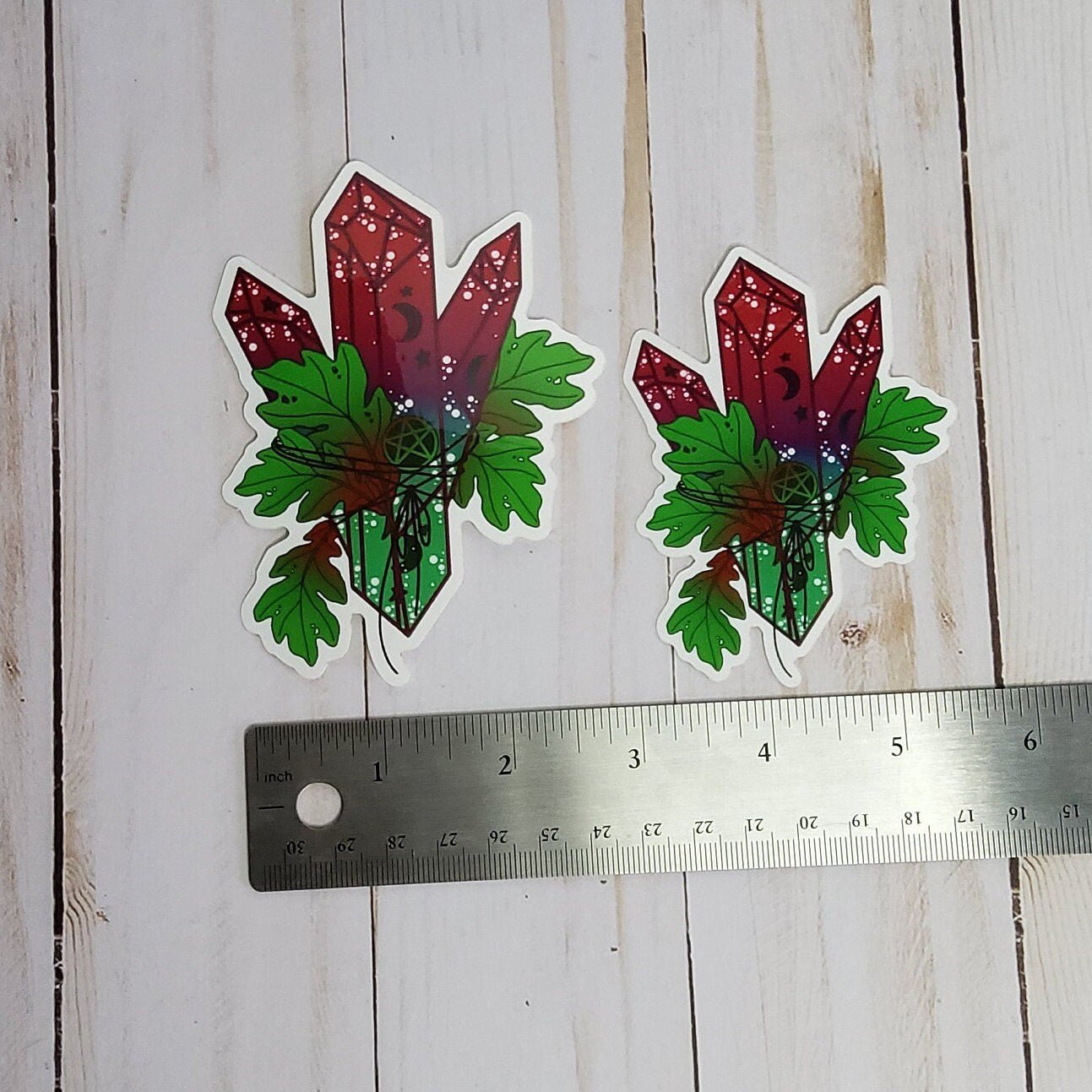 GLOSSY STICKER: Emerald and Burgundy Wicca Crystal , Wicca Crystal Sticker , Crystal Sticker , Witchy Vibe Stickers , Crystal Stickers , Oak