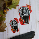 GLOSSY STICKER: Get in Loser We're Going Sinning Coffin Sticker , Tattoo Style Coffin and Flames Sticker, Tattoo Style Coffin Sticker
