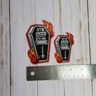 GLOSSY STICKER: Get in Loser We're Going Sinning Coffin Sticker , Tattoo Style Coffin and Flames Sticker, Tattoo Style Coffin Sticker