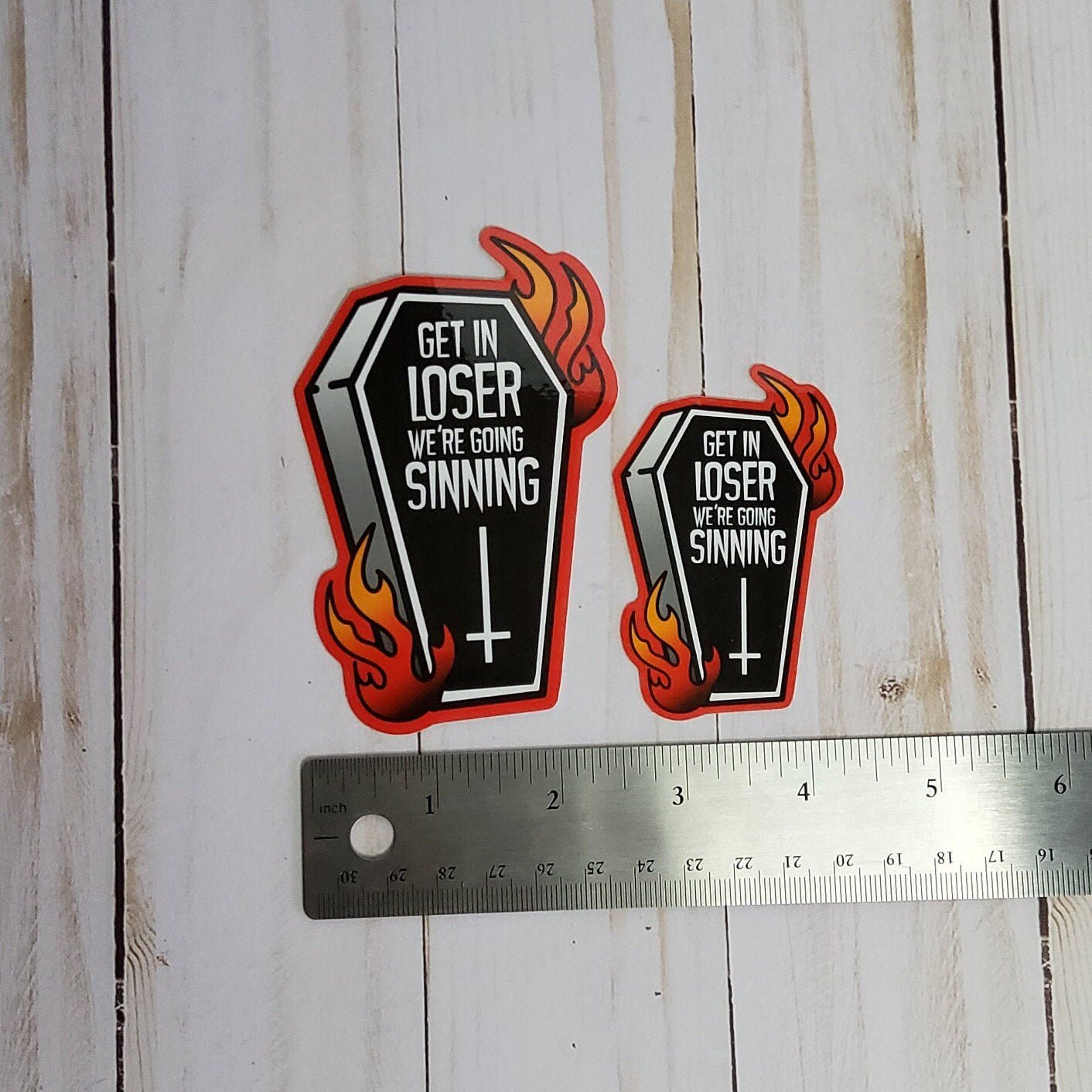 GLOSSY STICKER: Get in Loser We're Going Sinning Coffin Sticker , Tattoo Style Coffin and Flames Sticker, Tattoo Style Coffin Sticker