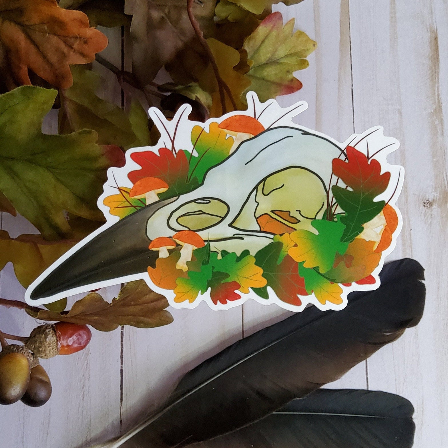 GLOSSY STICKER: Crow Skull and Leaves Sticker , Crow Skull Sticker , Mushroom Skull Sticker , Crow Skull and Leaves , Crow and Mushroom