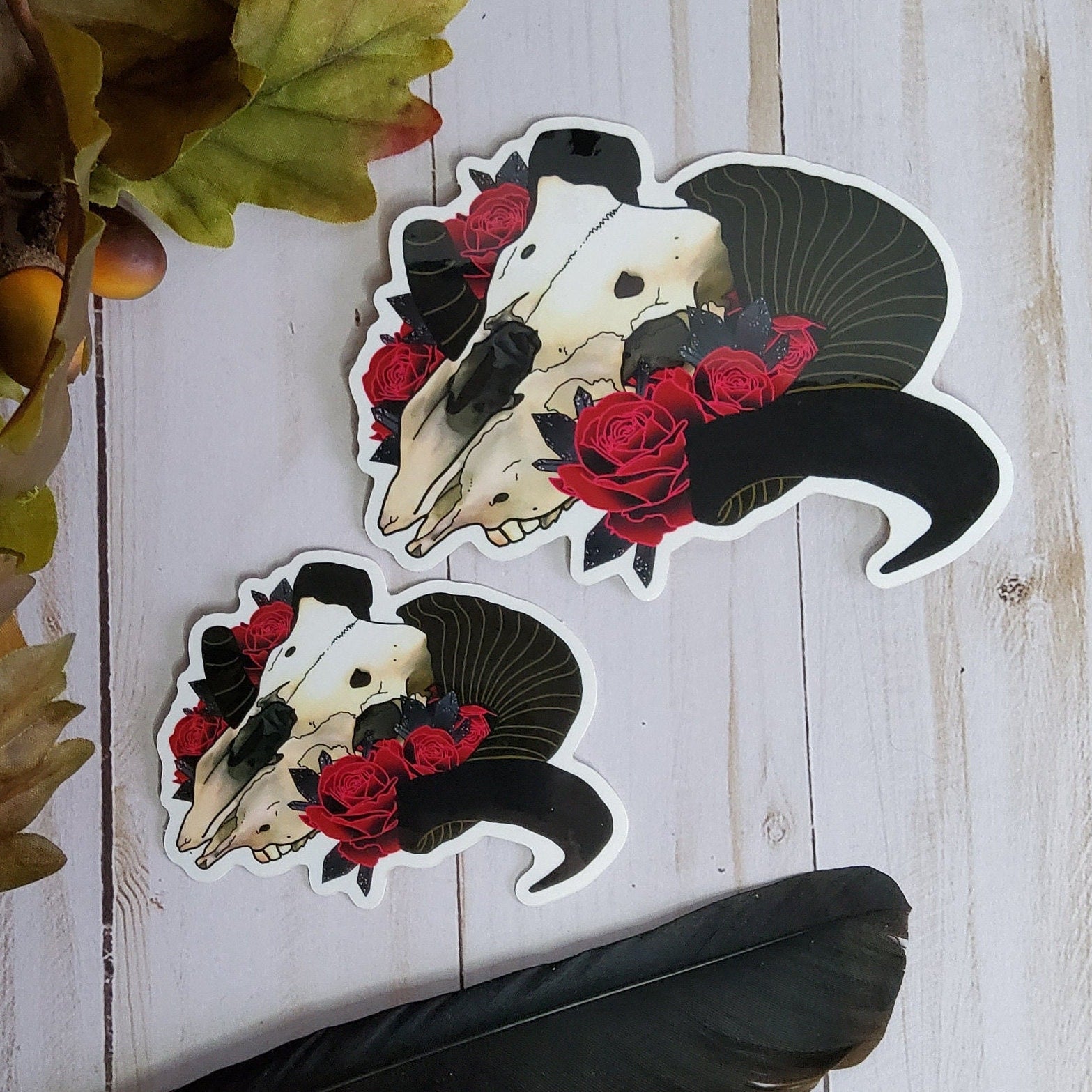 GLOSSY STICKER: Ram Skull and Roses Sticker , Ram Skull Sticker ,Tattoo Style Skull and Roses Sticker , Skull Stickers , Roses Stickers