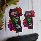 GLOSSY STICKER: Here Lies some Thicc Thighs Die Cut , Monster Girl and Roses Sticker , Coffin and Roses Sticker , Red and Purple Roses