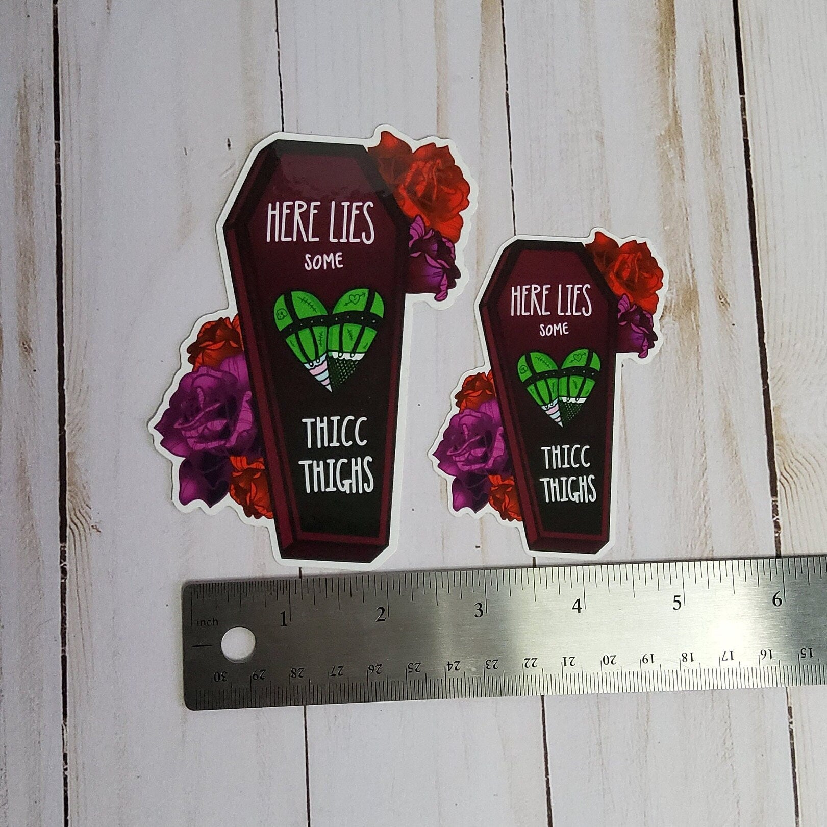 GLOSSY STICKER: Here Lies some Thicc Thighs Die Cut , Monster Girl and Roses Sticker , Coffin and Roses Sticker , Red and Purple Roses