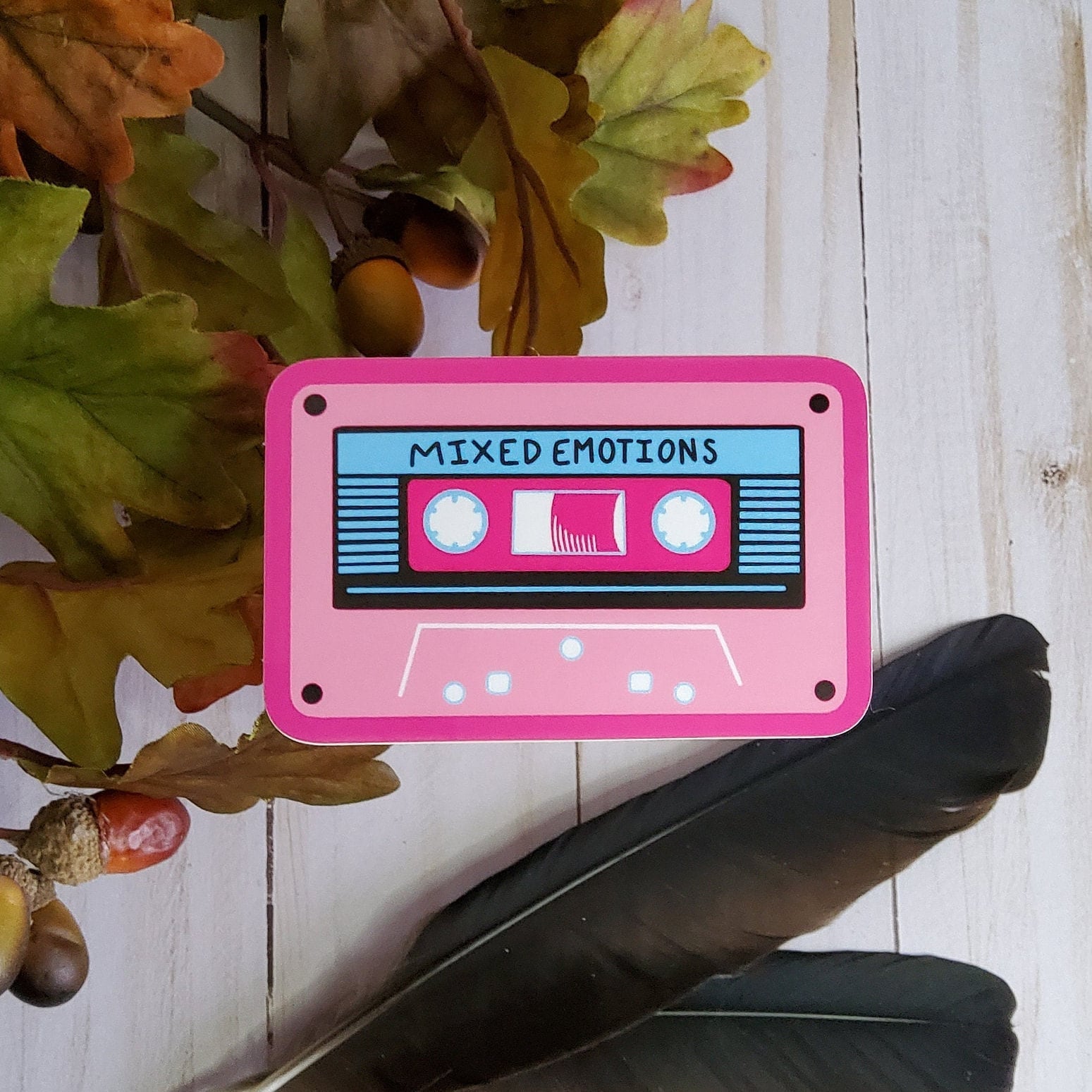GLOSSY STICKER: Mixed Emotions Cassette Tape Sticker , Cassette Sticker , Mix Tape , Mix Tape Stickers , 80s Stickers , 80s Vibe Sticker Acornandcrowstudio