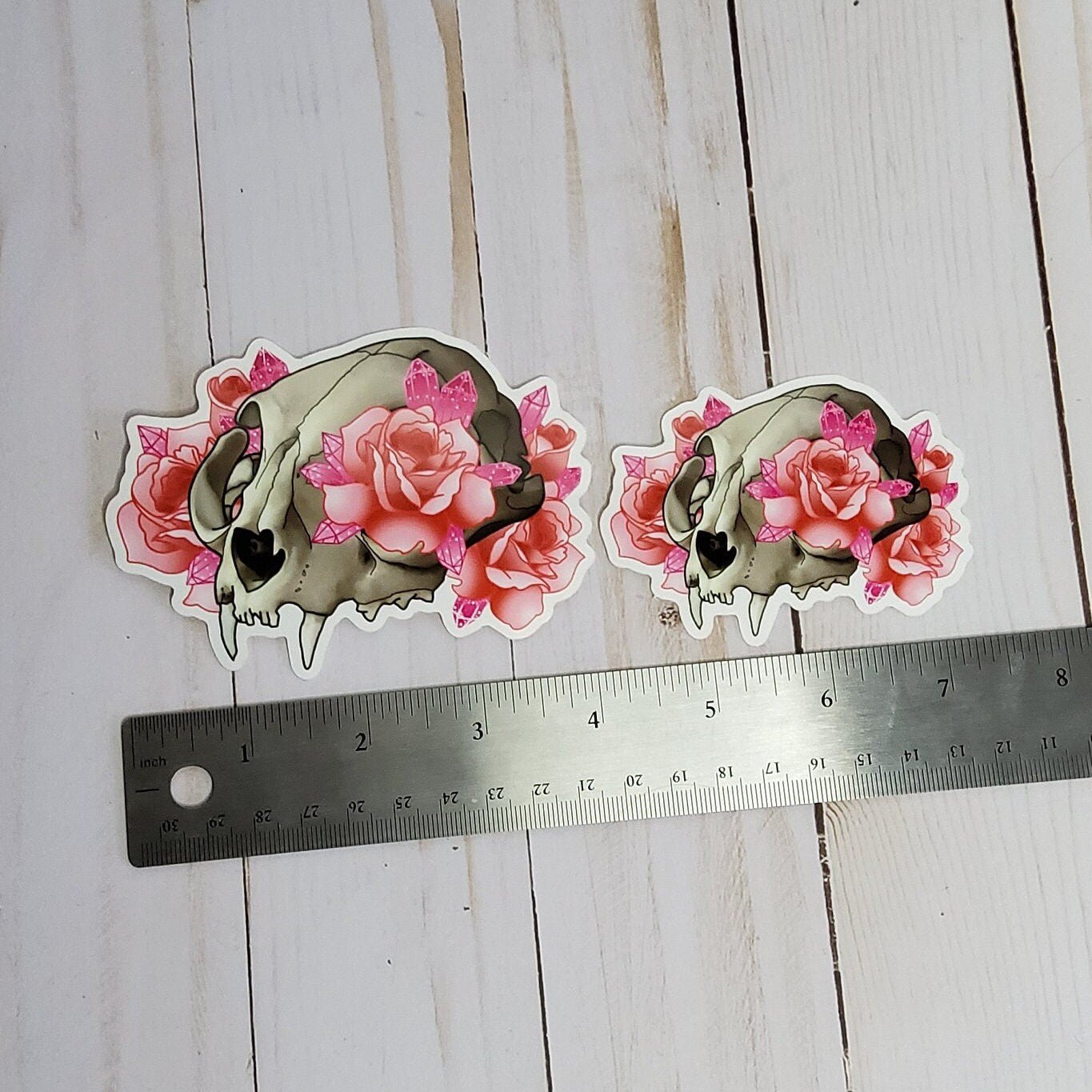 GLOSSY STICKER: Pastel Grunge Cat Skull and Roses Sticker , Cat Skull Sticker , Pastel Roses Sticker , Crystal Skull and Roses , Cat Skull