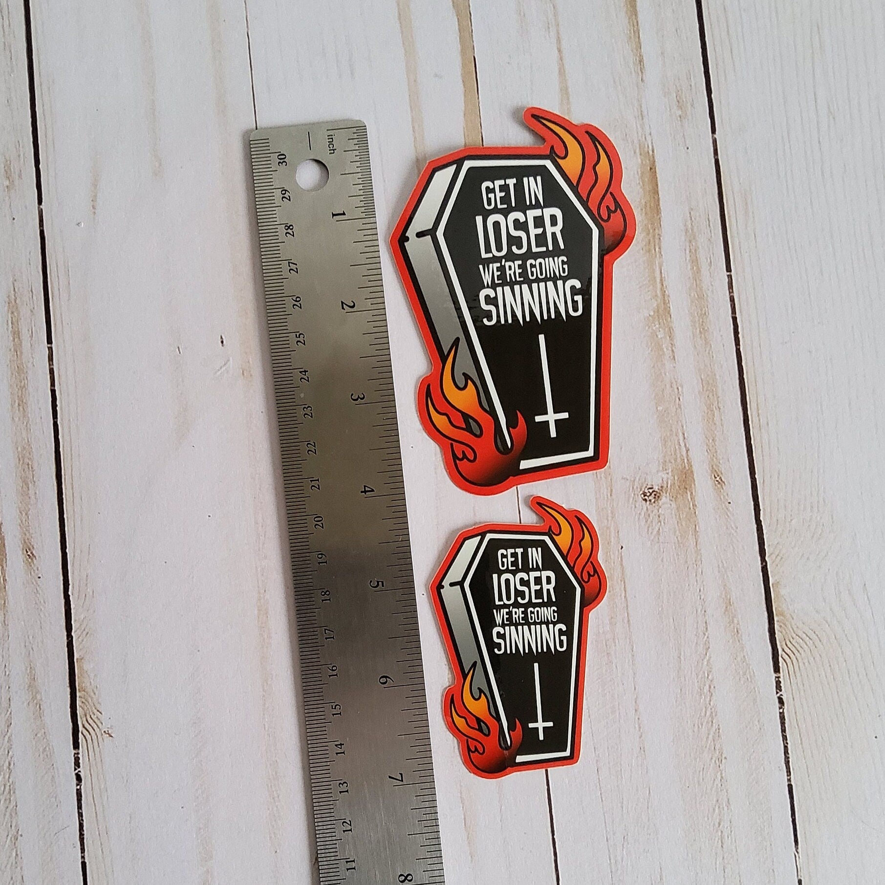 GLOSSY STICKER: Get in Loser We're Going Sinning Coffin Sticker , Tattoo Style Coffin and Flames Sticker, Tattoo Style Coffin Sticker