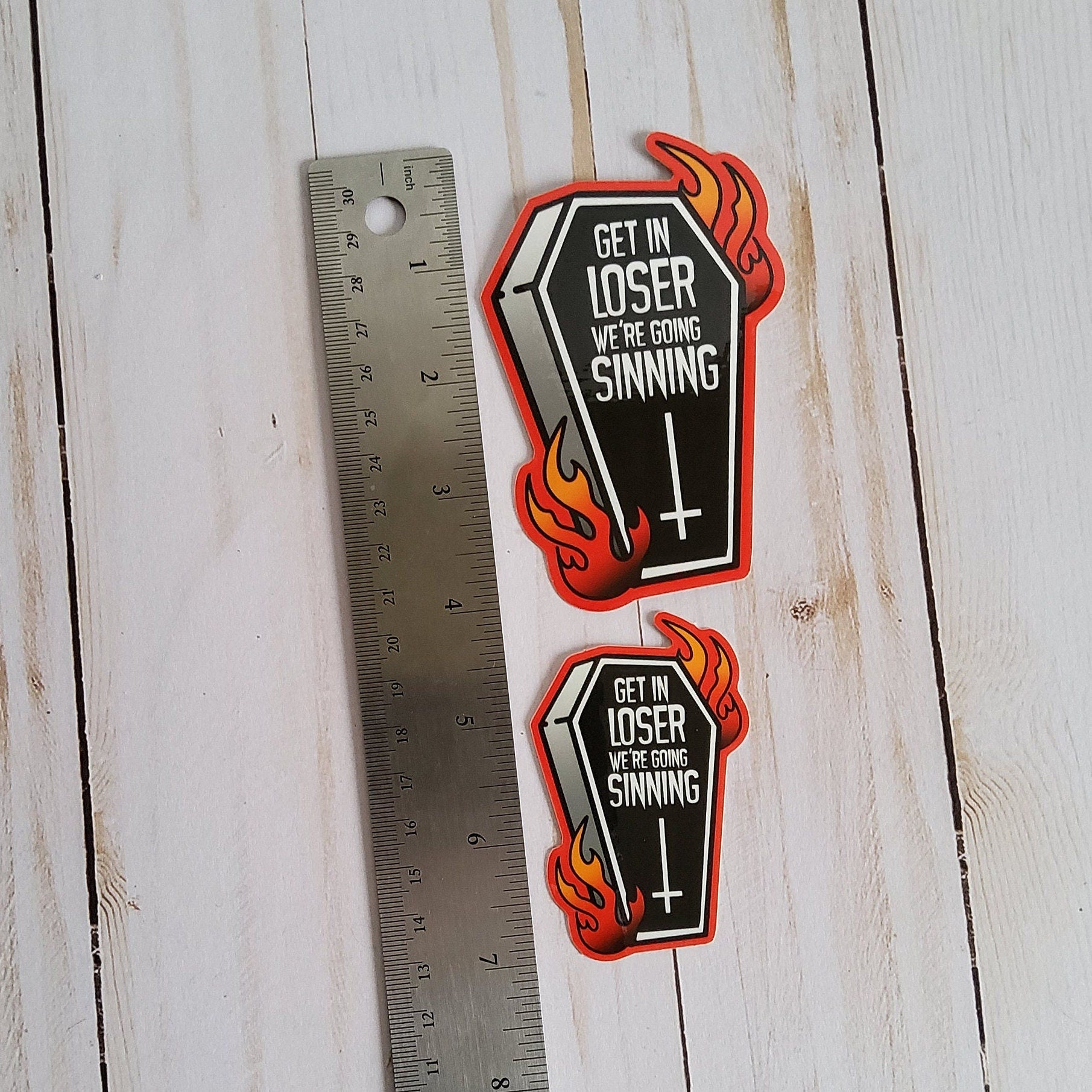 GLOSSY STICKER: Get in Loser We're Going Sinning Coffin Sticker , Tattoo Style Coffin and Flames Sticker, Tattoo Style Coffin Sticker Sticker Acornandcrowstudio