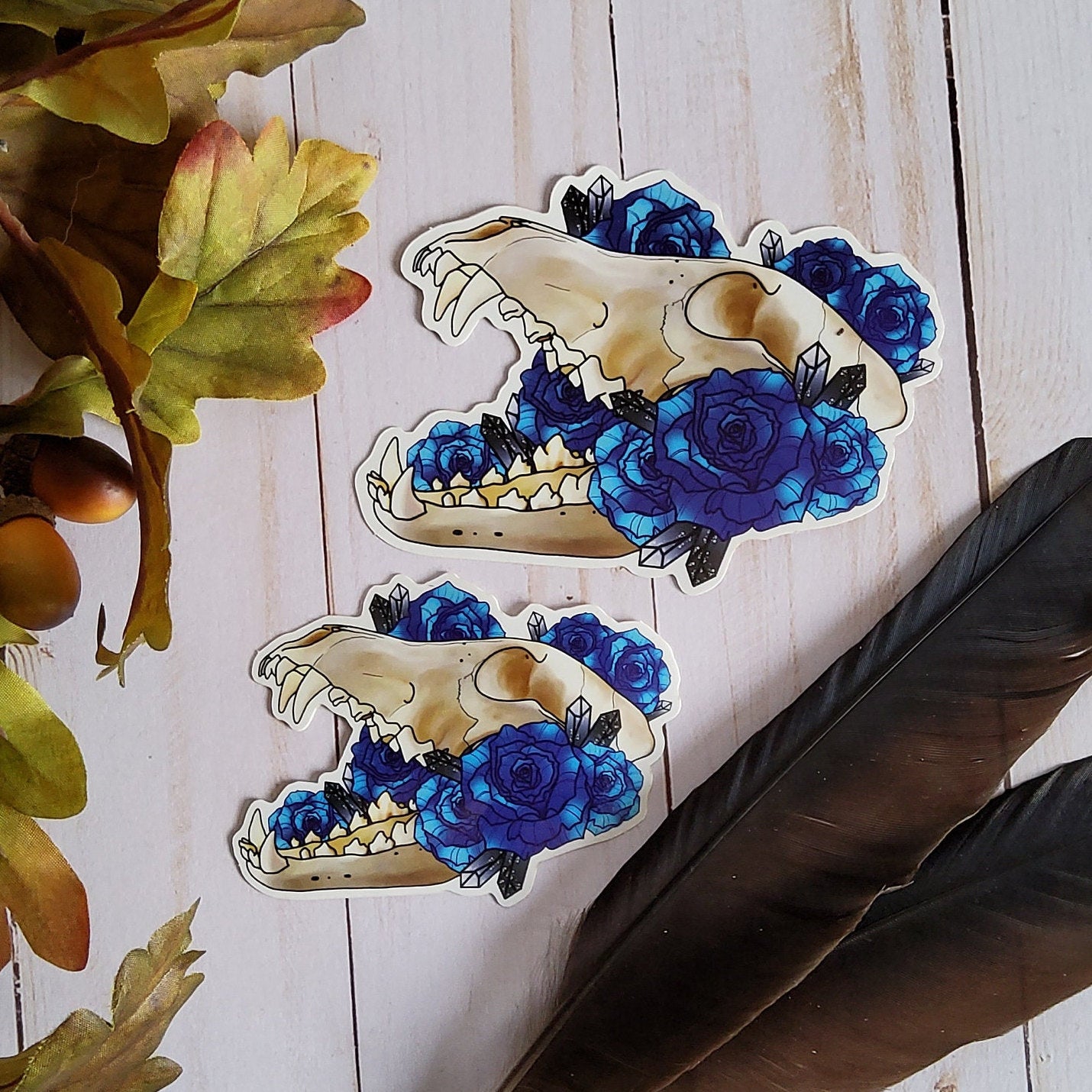 GLOSSY STICKER: Wolf Skull and Blue Roses Vulture Culture Stickers , Wolf Skull and Blue Roses Sticker , Wolf Skull and Roses Sticker