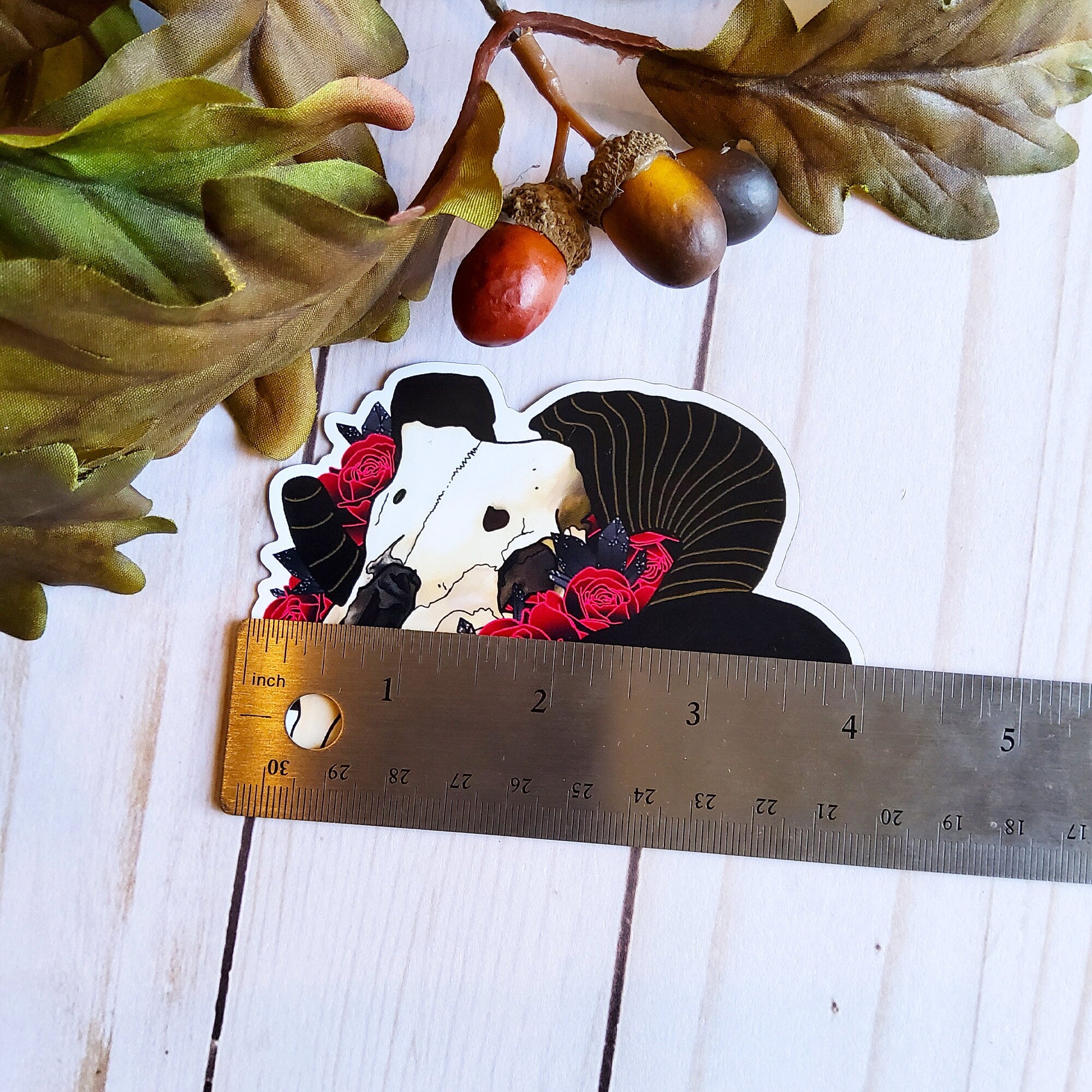MAGNET: Ram Skull and Red Roses Decorative , Ram Skull Magnet , Skull and Roses Magnet , Skull Magnet , Skull Art Decorative Magnet