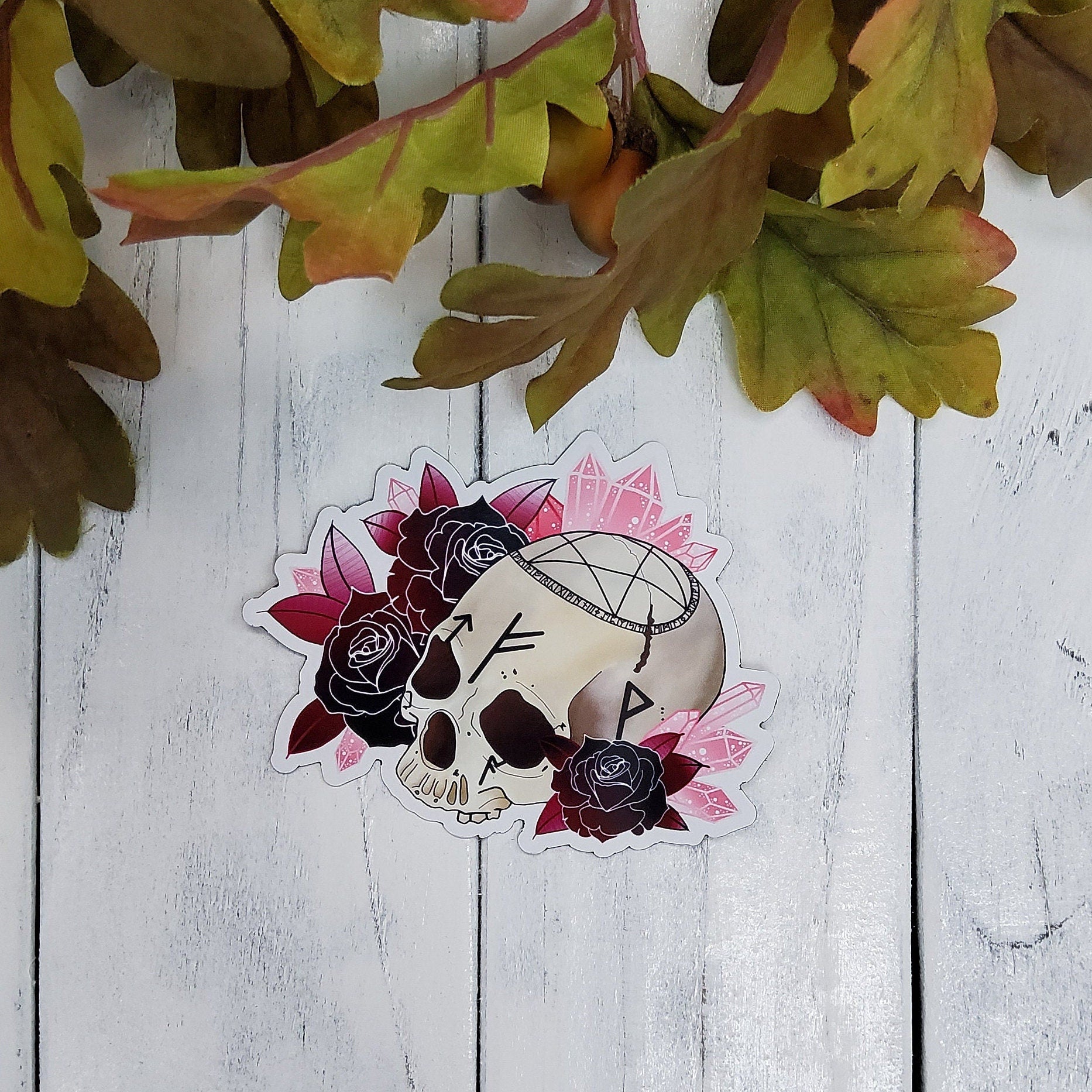 MAGNET: Rune Skull and Roses Decorative , Rune Skull Magnet , Skull and Rose Magnet , Skull Magnet , Skull Art Decorative Magnet