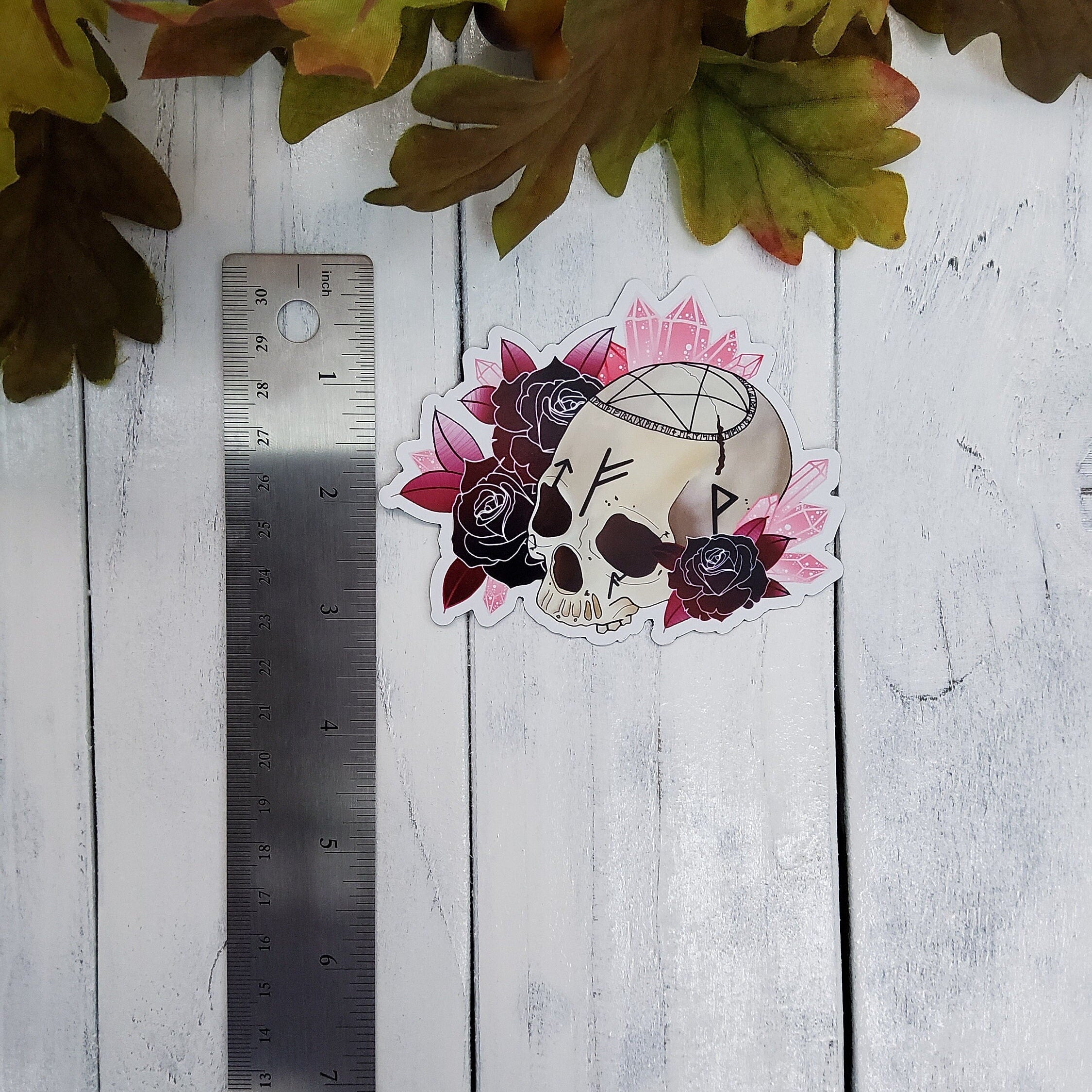 MAGNET: Rune Skull and Roses Decorative , Rune Skull Magnet , Skull and Rose Magnet , Skull Magnet , Skull Art Decorative Magnet