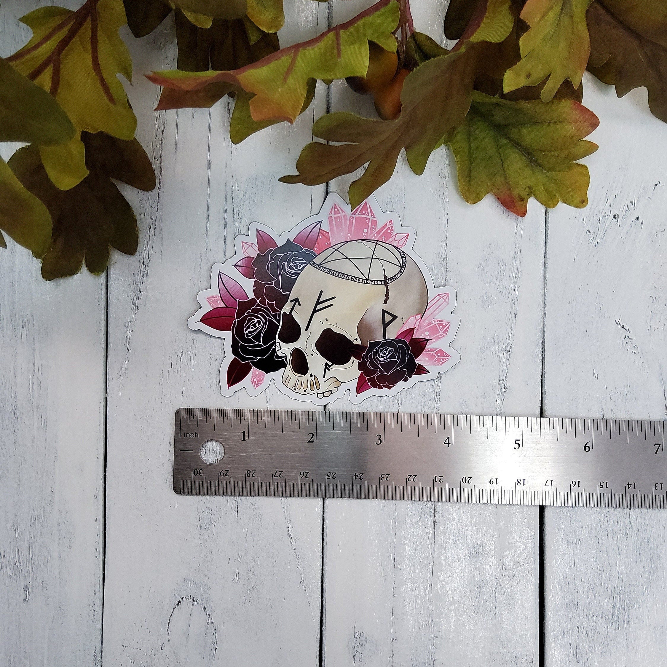 MAGNET: Rune Skull and Roses Decorative , Rune Skull Magnet , Skull and Rose Magnet , Skull Magnet , Skull Art Decorative Magnet