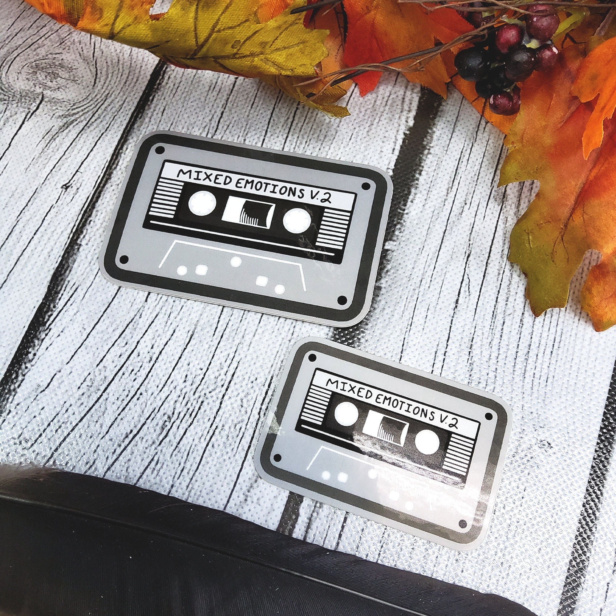 GLOSSY STICKER: Gray Mixed Emotions Volume 2 Cassette Tape Sticker , Cassette Sticker , Mix Tape , Mix Tape Stickers , 80s Vibe Sticker Sticker Acornandcrowstudio