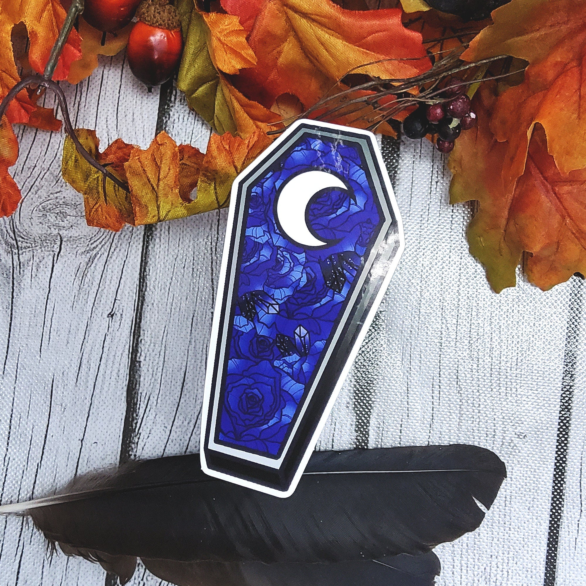 GLOSSY STICKER: Blue Roses Coffin with Moon Die Cut Sticker , Blue Roses Coffin Sticker , Blue Roses and Moon Sticker , Coffin Floral Sticker Acornandcrowstudio