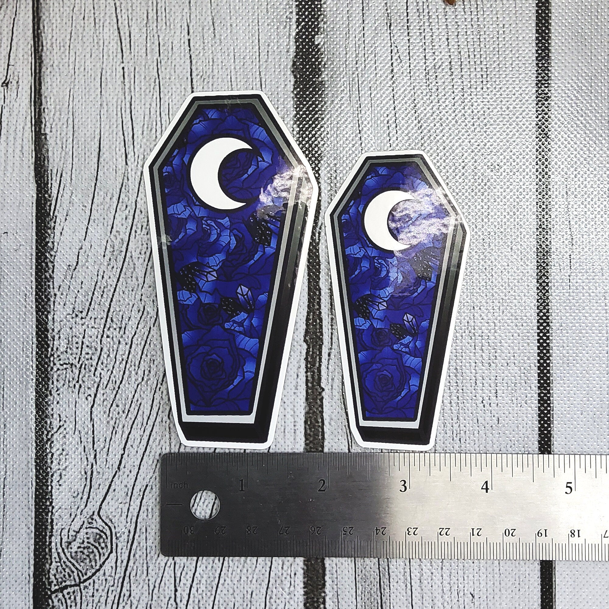 GLOSSY STICKER: Blue Roses Coffin with Moon Die Cut Sticker , Blue Roses Coffin Sticker , Blue Roses and Moon Sticker , Coffin Floral Sticker Acornandcrowstudio