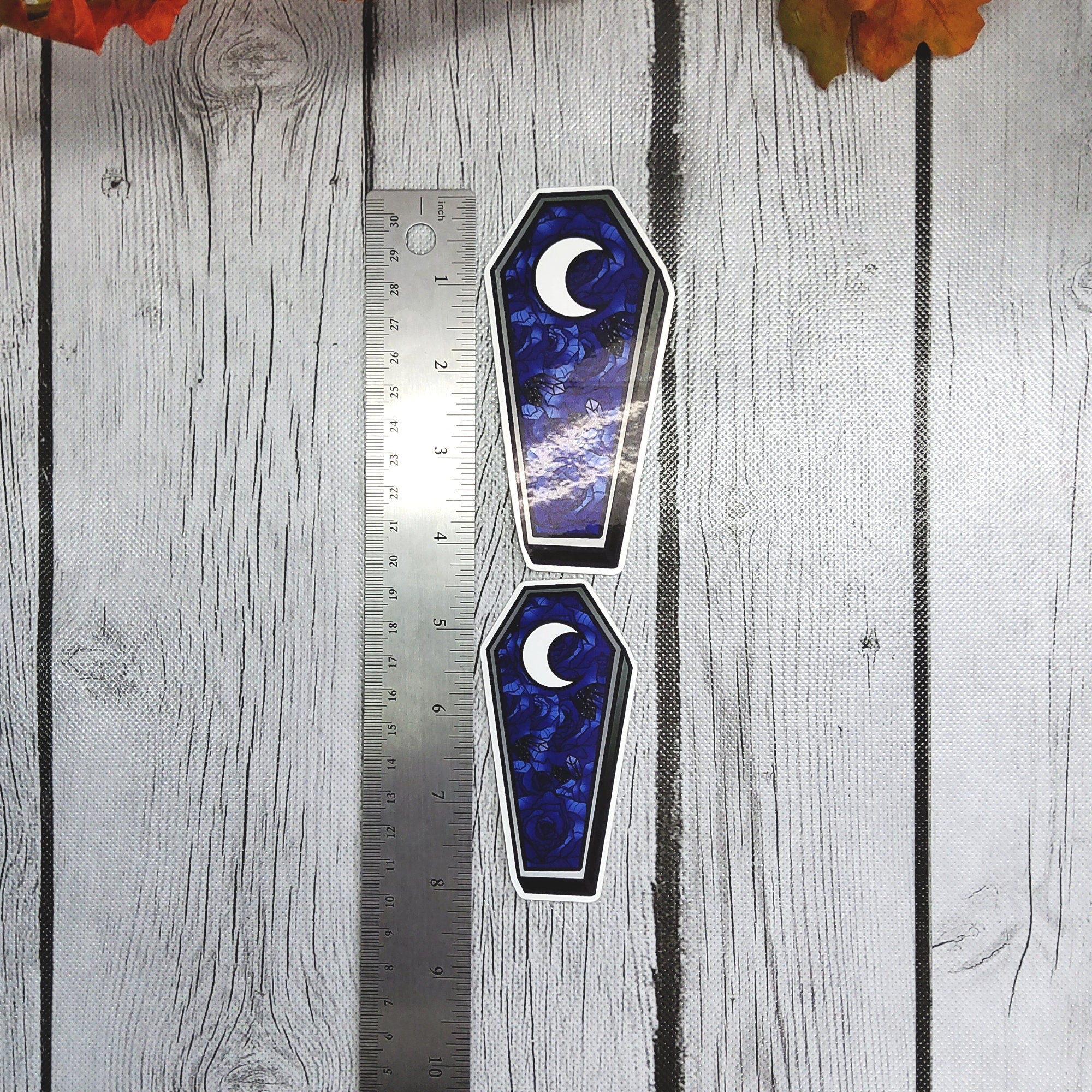 GLOSSY STICKER: Blue Roses Coffin with Moon Die Cut Sticker , Blue Roses Coffin Sticker , Blue Roses and Moon Sticker , Coffin Floral Sticker Acornandcrowstudio
