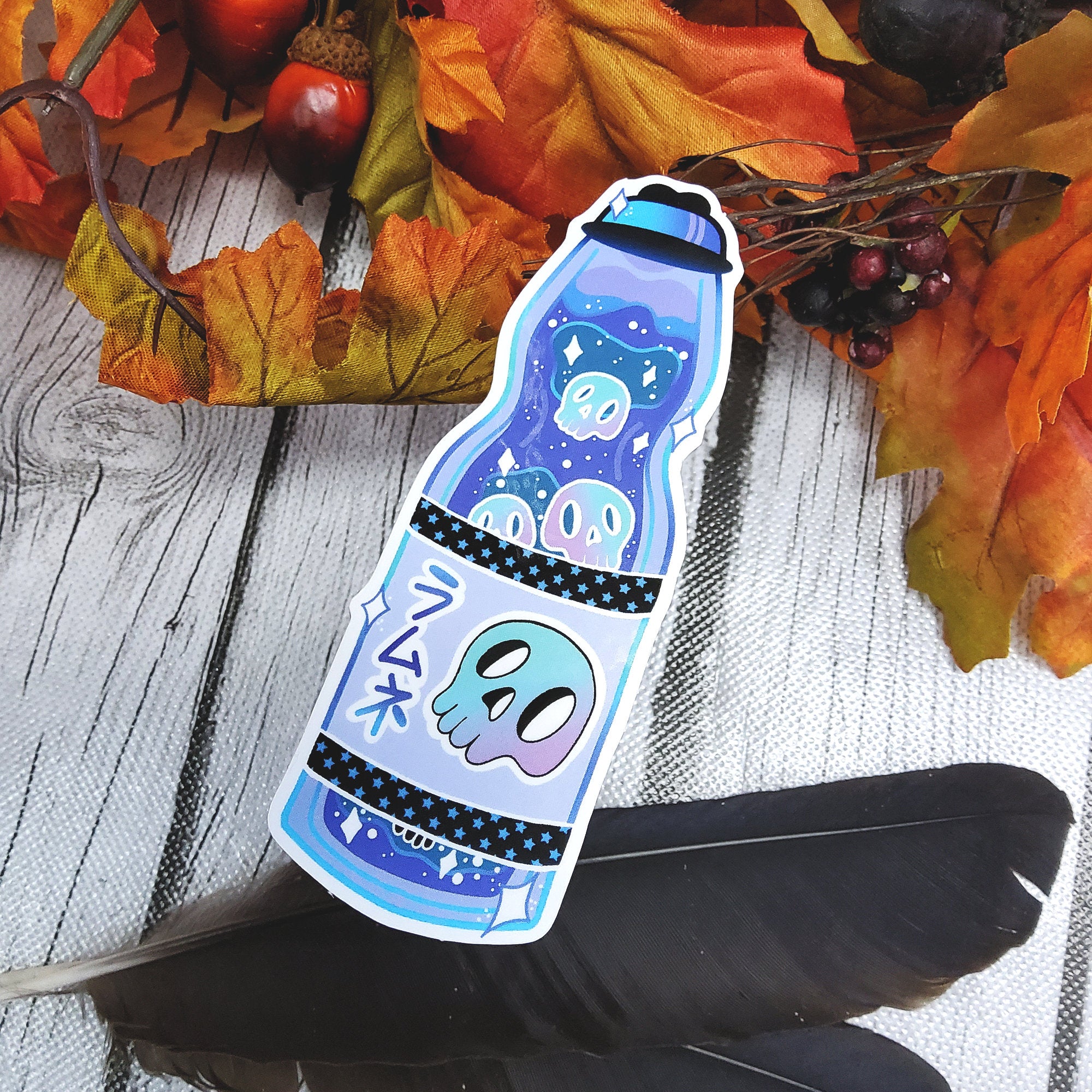GLOSSY STICKER: Blue Glass Bottle Drink Skull Sticker , Skull Drink Sticker , Skull Blue Sticker , Blue Drink Sticker , Glass Bottle
