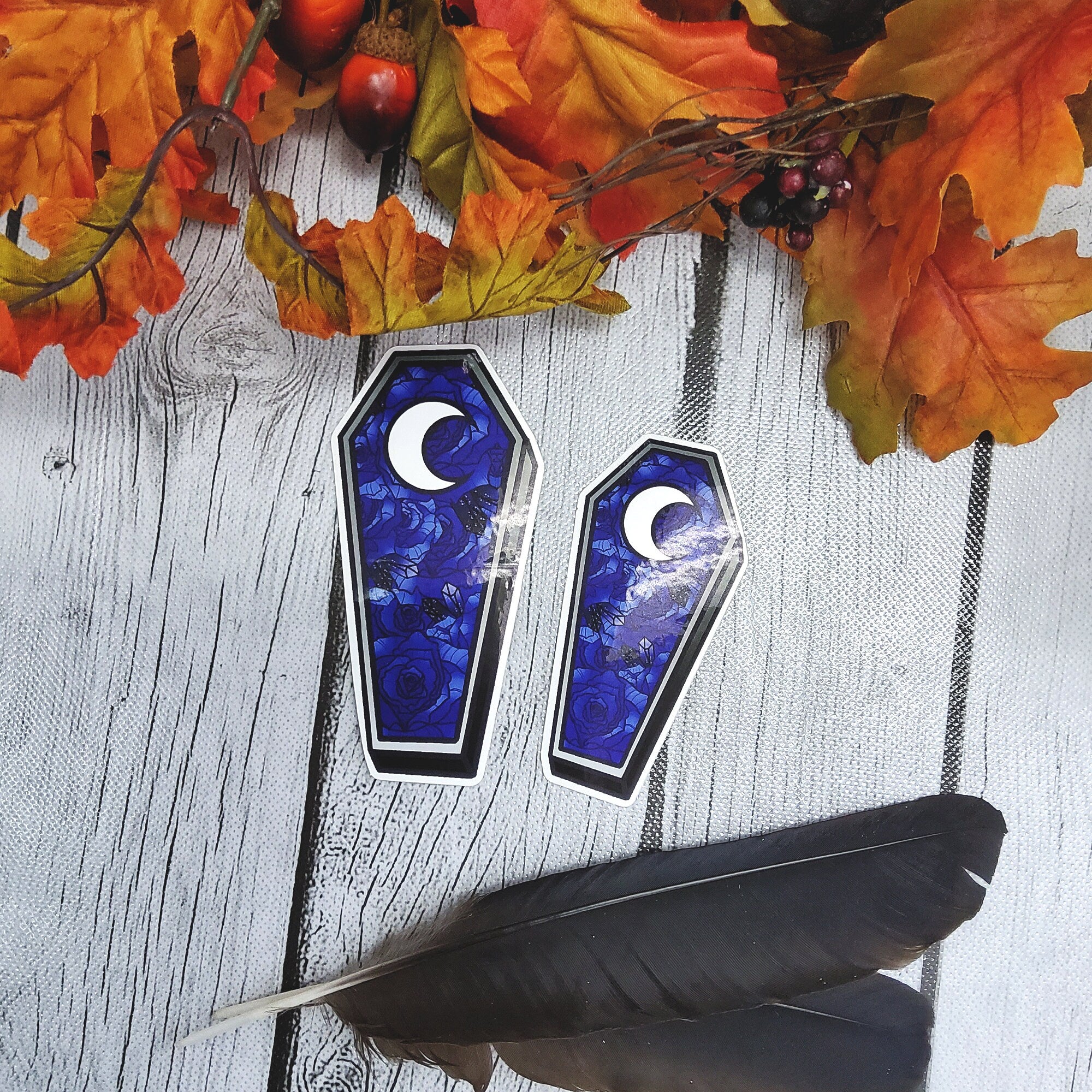 GLOSSY STICKER: Blue Roses Coffin with Moon Die Cut Sticker , Blue Roses Coffin Sticker , Blue Roses and Moon Sticker , Coffin Floral Sticker Acornandcrowstudio