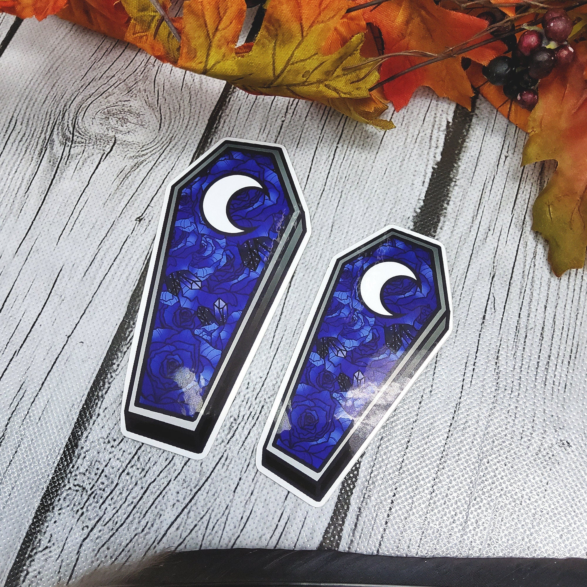 GLOSSY STICKER: Blue Roses Coffin with Moon Die Cut Sticker , Blue Roses Coffin Sticker , Blue Roses and Moon Sticker , Coffin Floral