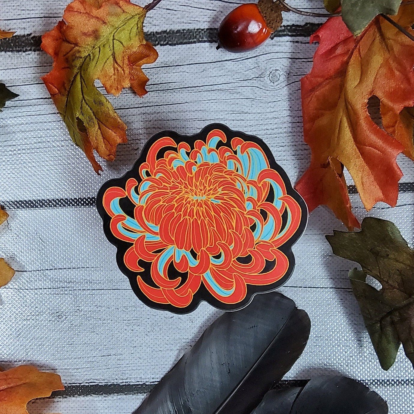 GLOSSY STICKER: STYLE 3 Orange and Teal Chrysanthemum , Chrysanthemum Sticker , Chrysanthemum Art , Floral Sticker , Floral Art Sticker