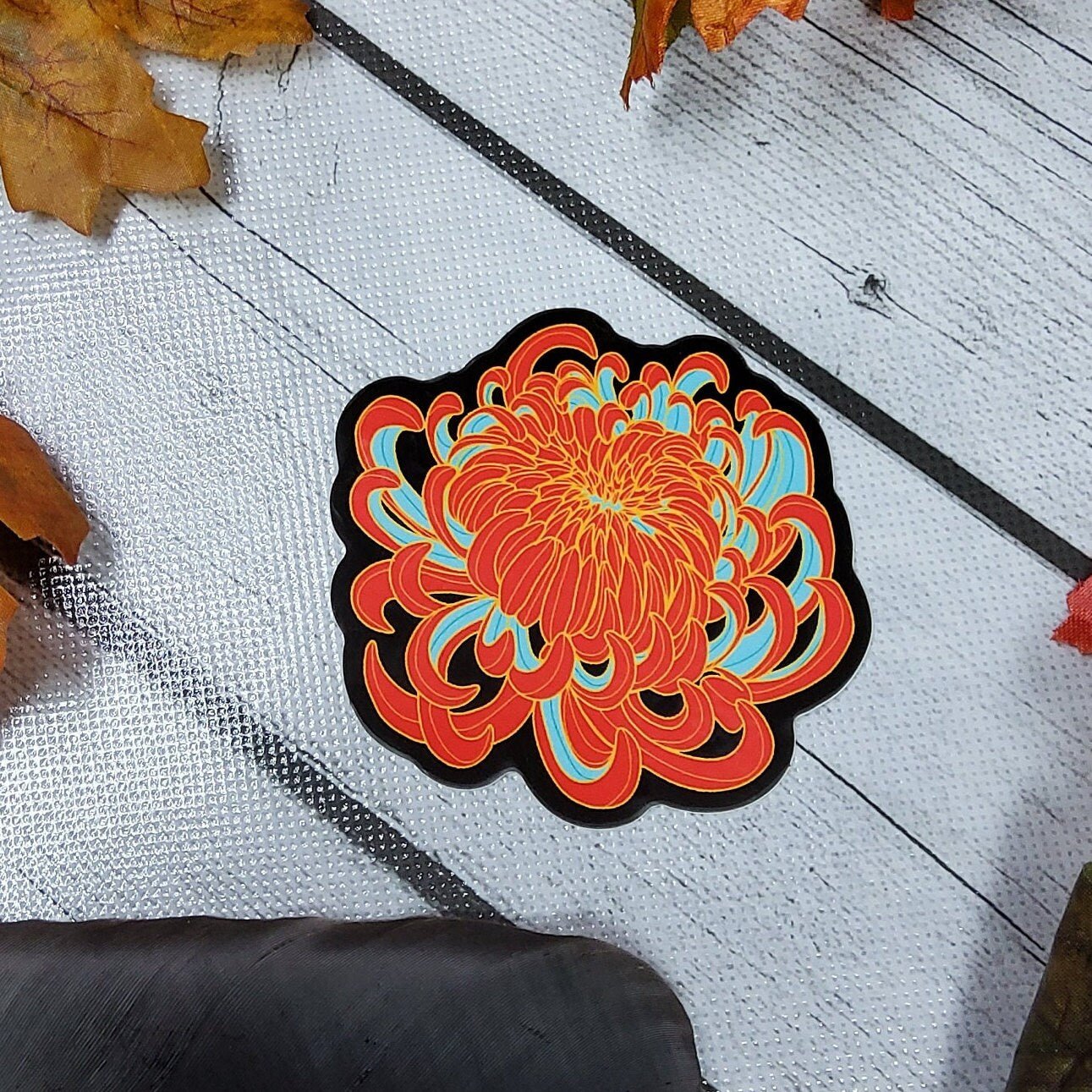 GLOSSY STICKER: STYLE 3 Orange and Teal Chrysanthemum , Chrysanthemum Sticker , Chrysanthemum Art , Floral Sticker , Floral Art Sticker