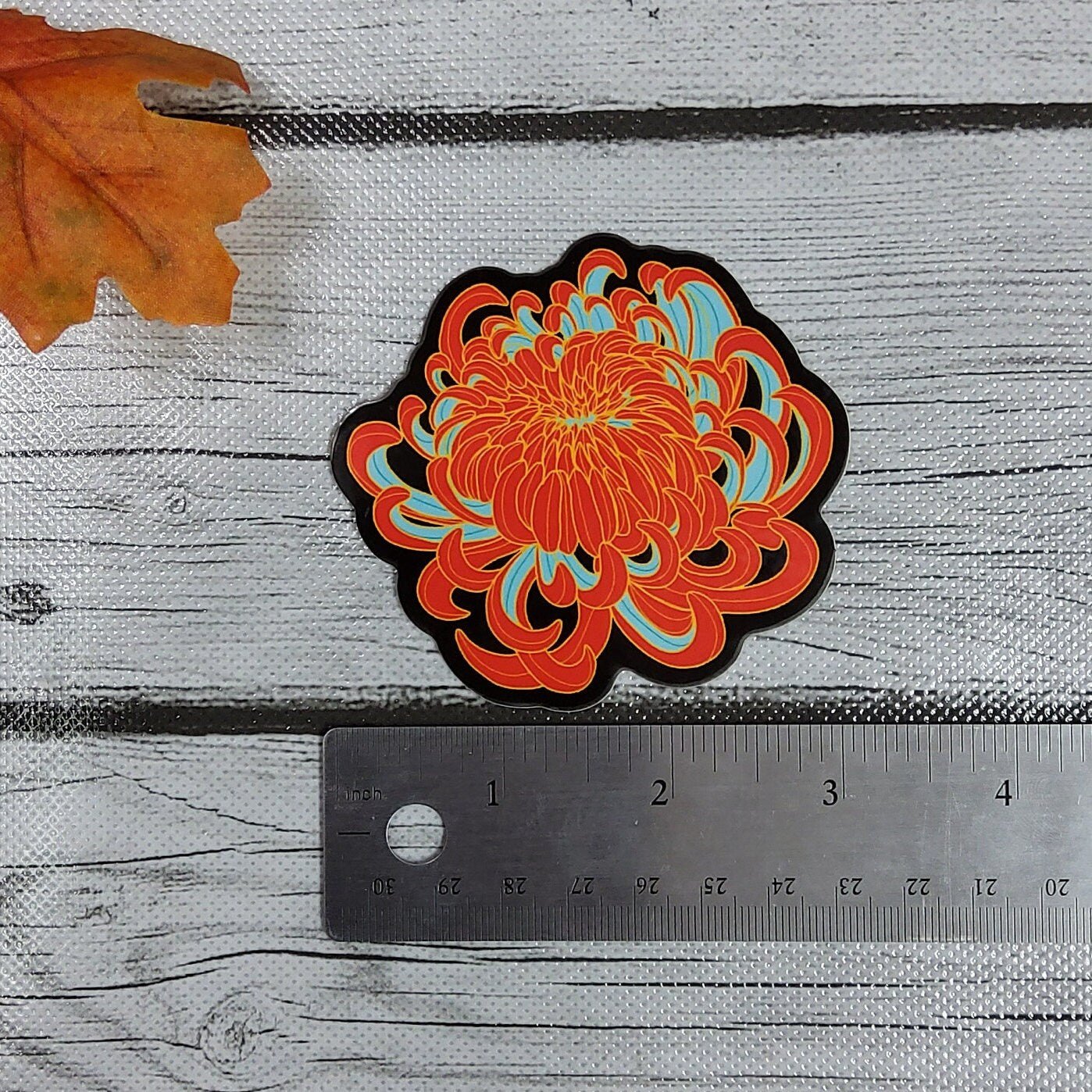 GLOSSY STICKER: STYLE 3 Orange and Teal Chrysanthemum , Chrysanthemum Sticker , Chrysanthemum Art , Floral Sticker , Floral Art Sticker