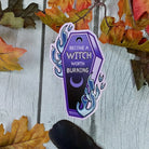 GLOSSY STICKER: 'Become a Witch Worth Burning' Coffin , Purple Coffin Sticker , Witchy Purple Coffin Sticker , Witchy Coffin Sticker