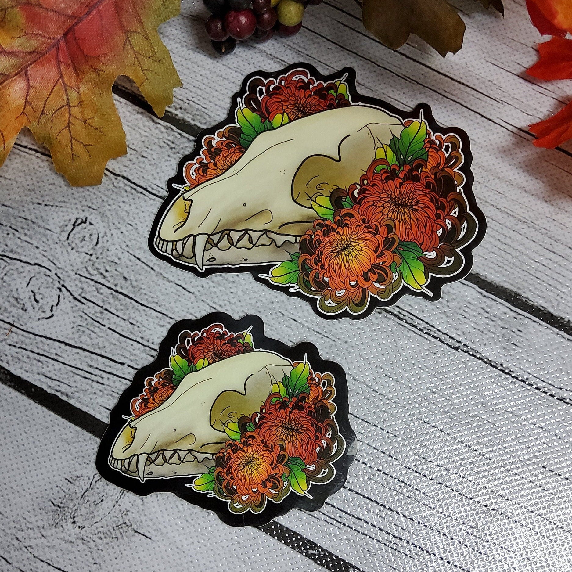 GLOSSY STICKER: Fox Skull Skull and Orange Mum Sticker , Fox Skull Sticker , Grunge Fox Skull Sticker , Skull and Flowers , Animal Skull Art Sticker Acornandcrowstudio