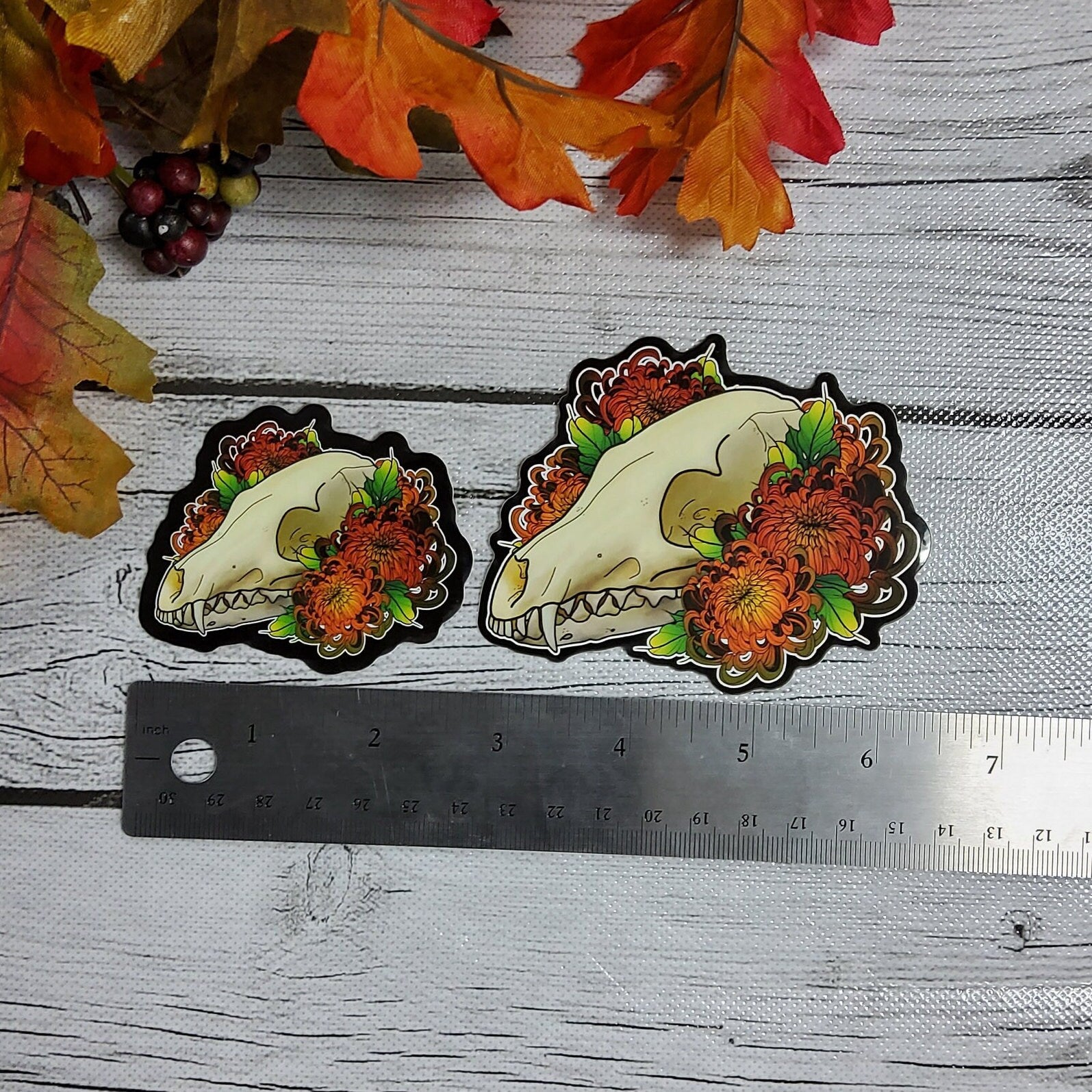 GLOSSY STICKER: Fox Skull Skull and Orange Mum Sticker , Fox Skull Sticker , Grunge Fox Skull Sticker , Skull and Flowers , Animal Skull Art Sticker Acornandcrowstudio