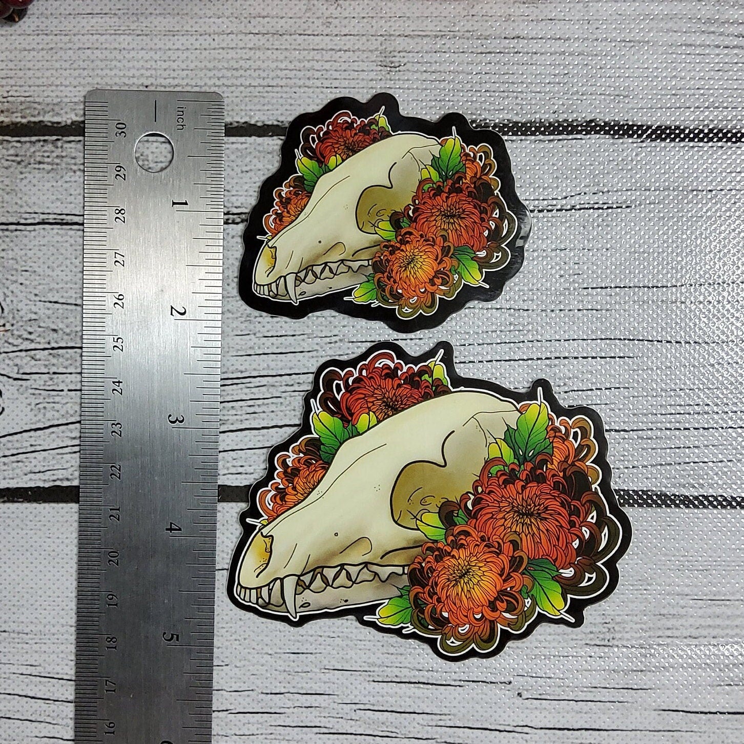 GLOSSY STICKER: Fox Skull Skull and Orange Mum Sticker , Fox Skull Sticker , Grunge Fox Skull Sticker , Skull and Flowers , Animal Skull Art Sticker Acornandcrowstudio