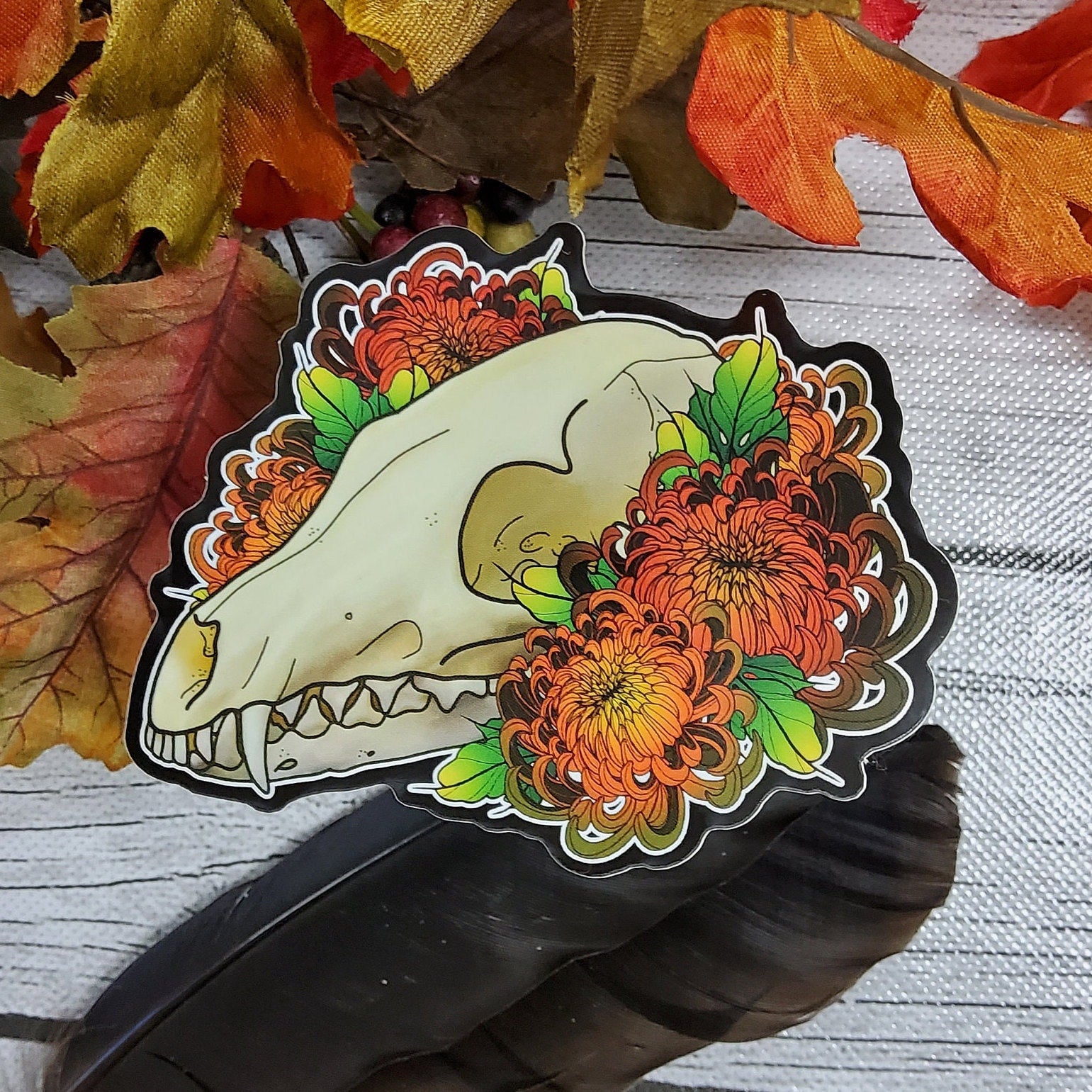 GLOSSY STICKER: Fox Skull Skull and Orange Mum Sticker , Fox Skull Sticker , Grunge Fox Skull Sticker , Skull and Flowers , Animal Skull Art Sticker Acornandcrowstudio