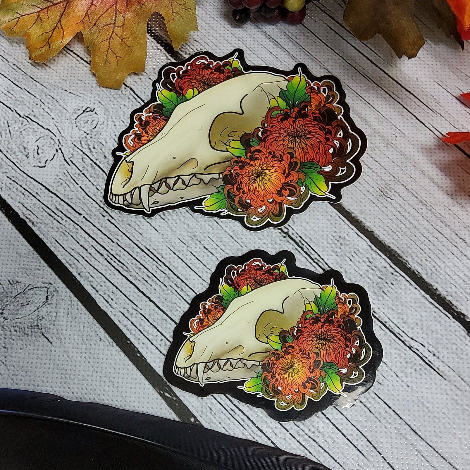 GLOSSY STICKER: Fox Skull Skull and Orange Mum Sticker , Fox Skull Sticker , Grunge Fox Skull Sticker , Skull and Flowers , Animal Skull Art Sticker Acornandcrowstudio